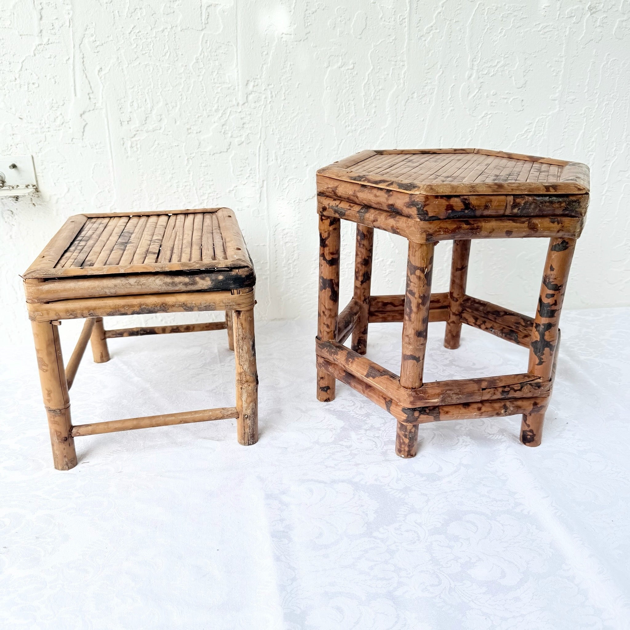 Burnt Tortoise Shell Finished Bamboo Accent Tables - Set of 2 Dolphin & Flamingo