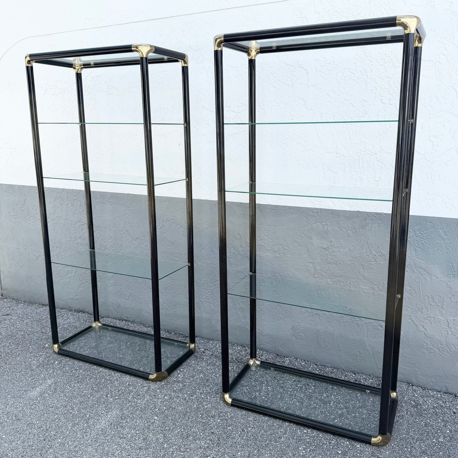 Art Deco Black Lacquered Etagere With Gold Accents and Glass Shelves - A Pair Dolphin & Flamingo