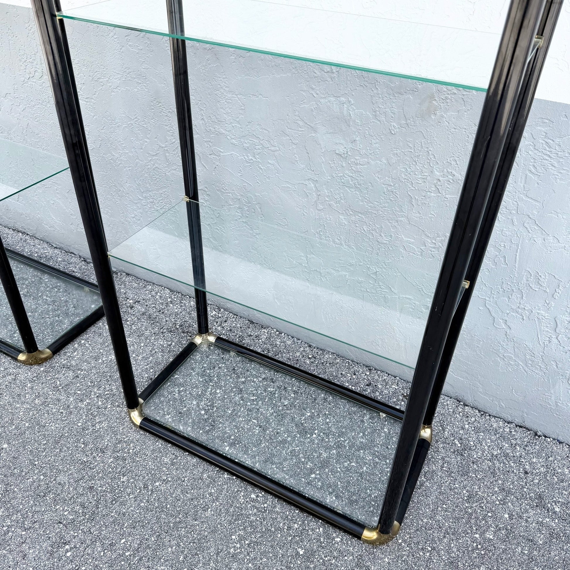 Art Deco Black Lacquered Etagere With Gold Accents and Glass Shelves - A Pair Dolphin & Flamingo
