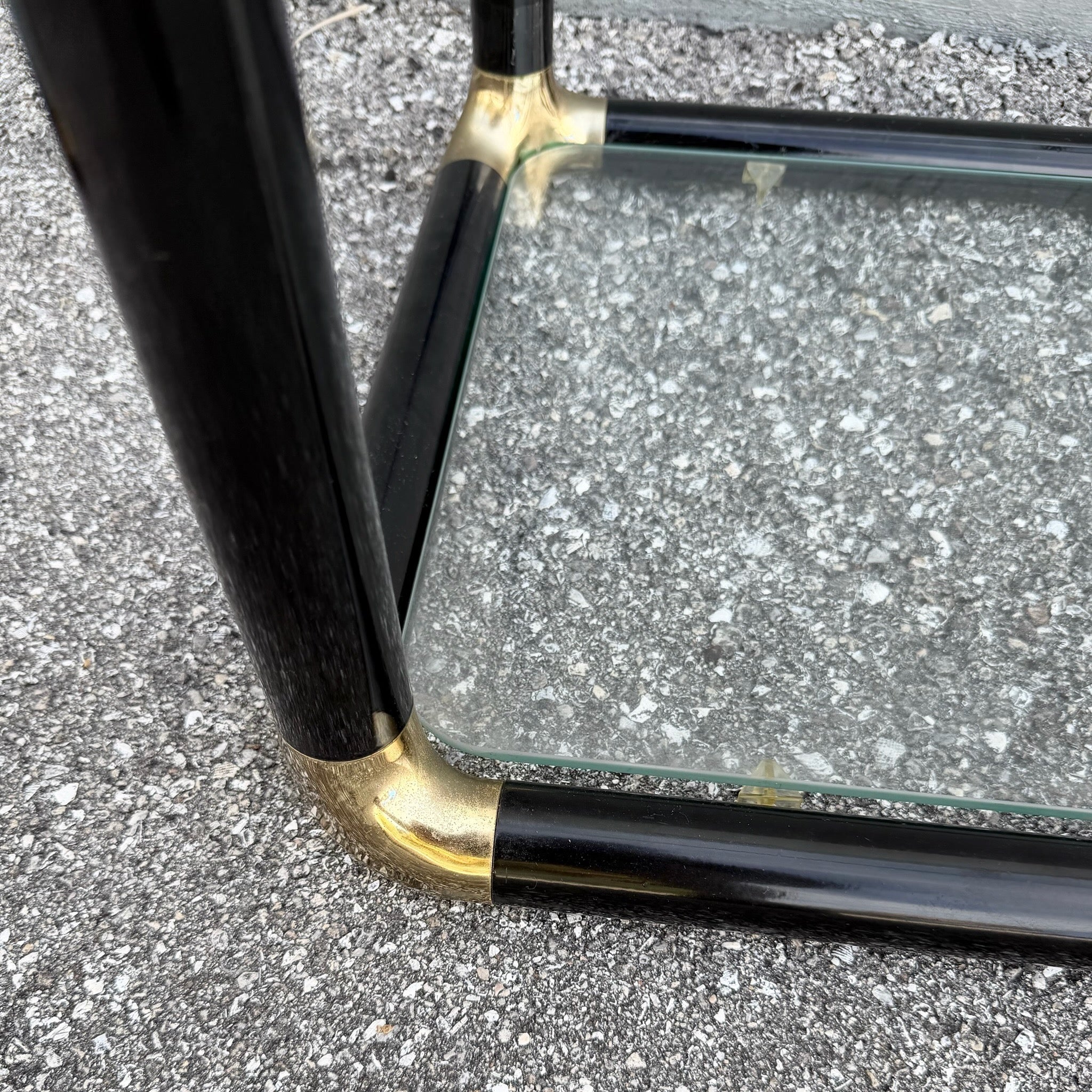 Art Deco Black Lacquered Etagere With Gold Accents and Glass Shelves - A Pair Dolphin & Flamingo