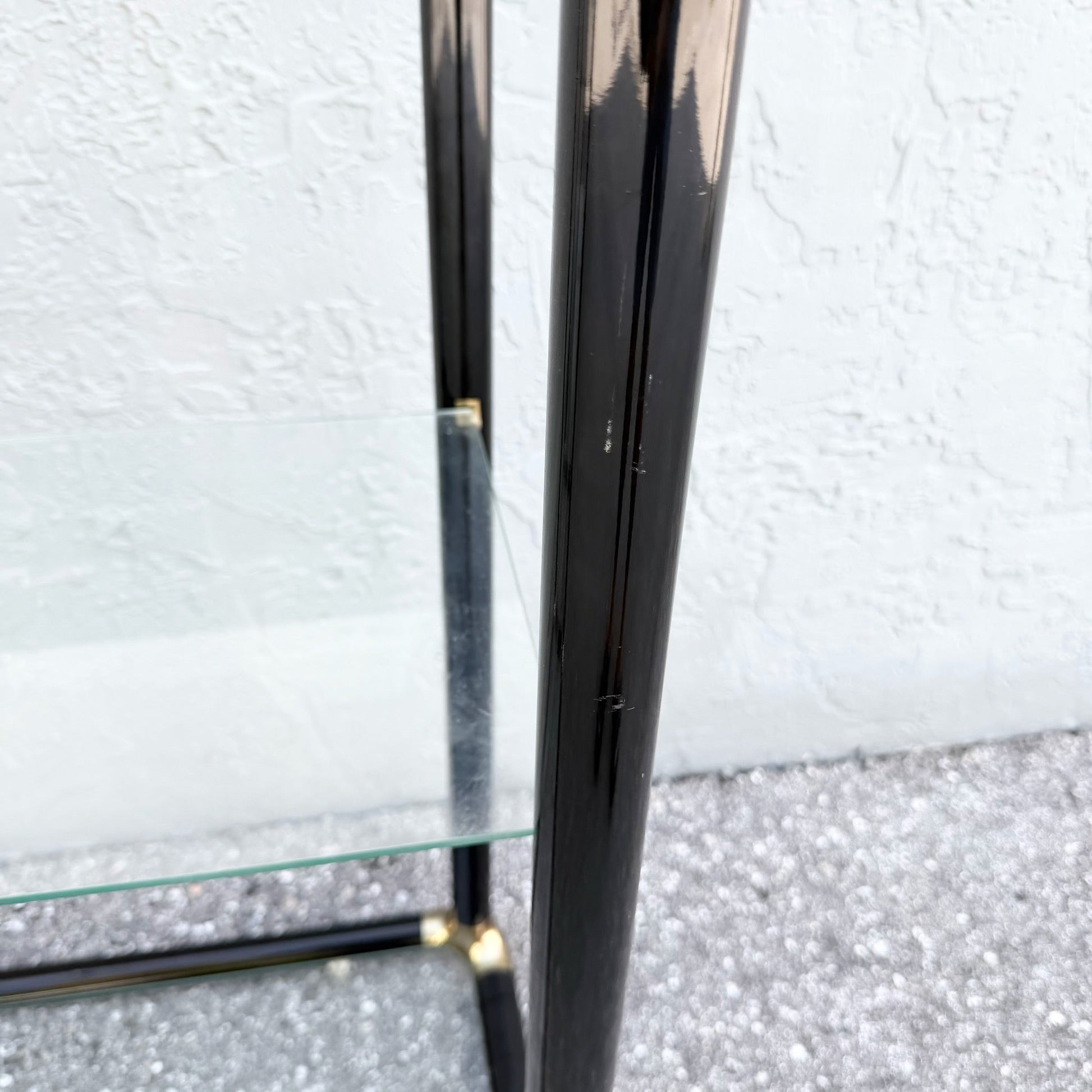 Art Deco Black Lacquered Etagere With Gold Accents and Glass Shelves - A Pair Dolphin & Flamingo