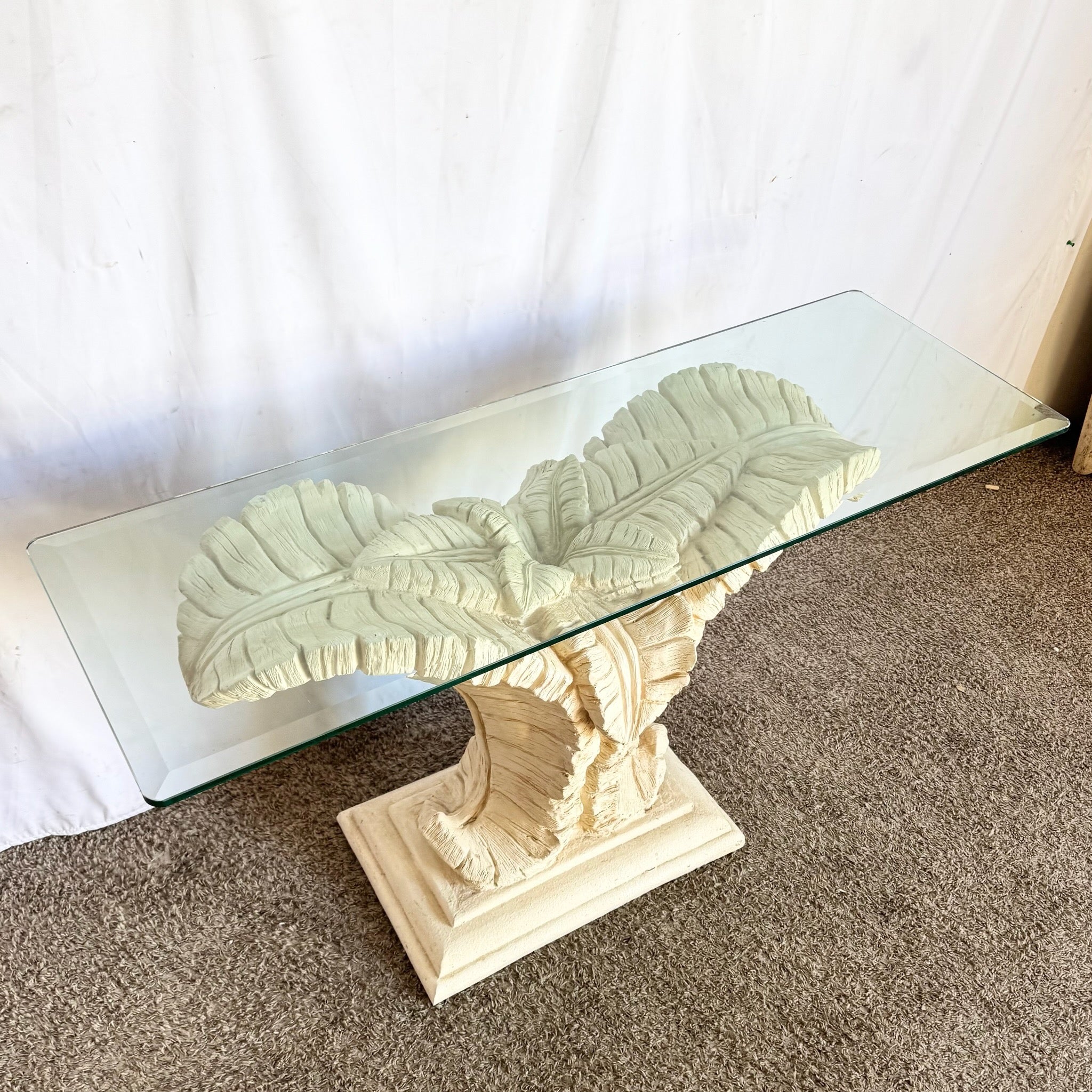 Vintage Boho Chic Resin Banana Leaf Glass Top Console Table
