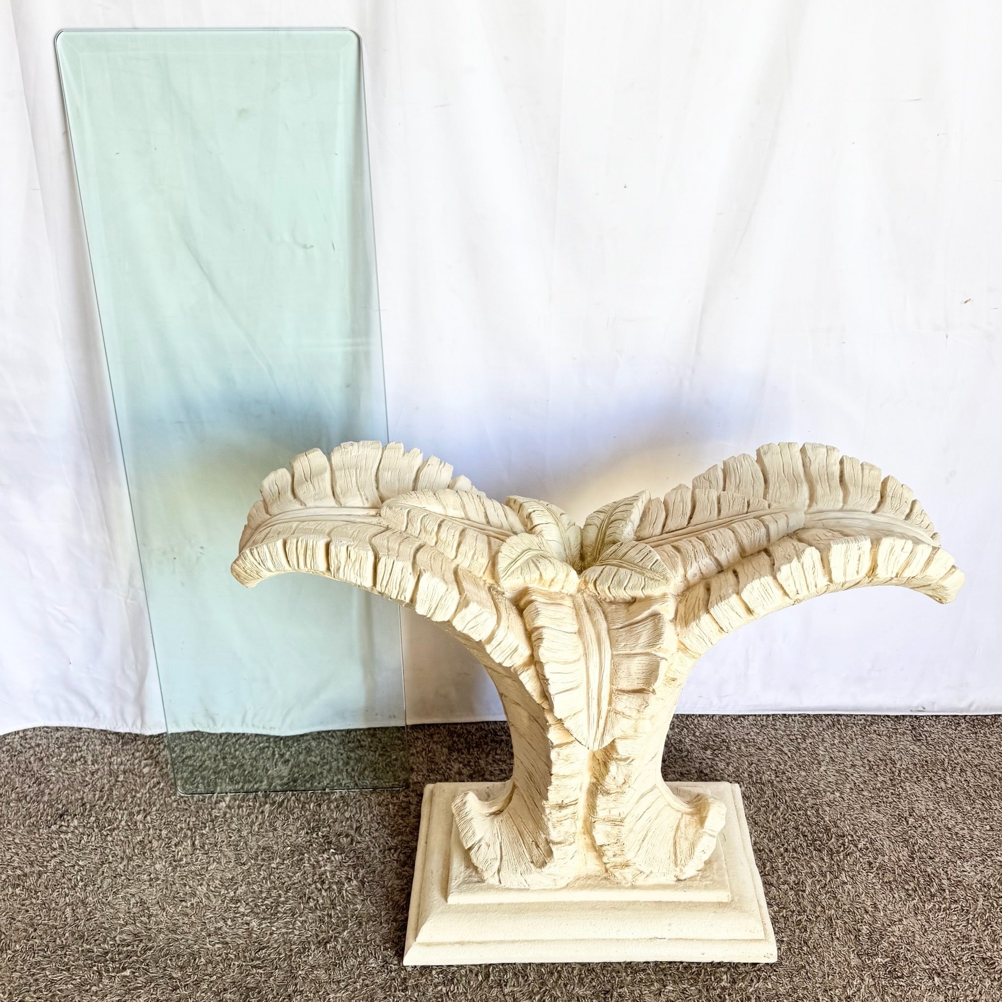 Vintage Boho Chic Resin Banana Leaf Glass Top Console Table