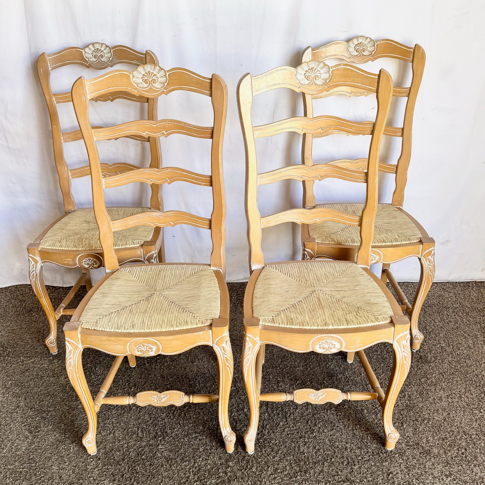 Vintage French Style Ladder Back Dining Chairs With Twine Seats - Set of 4