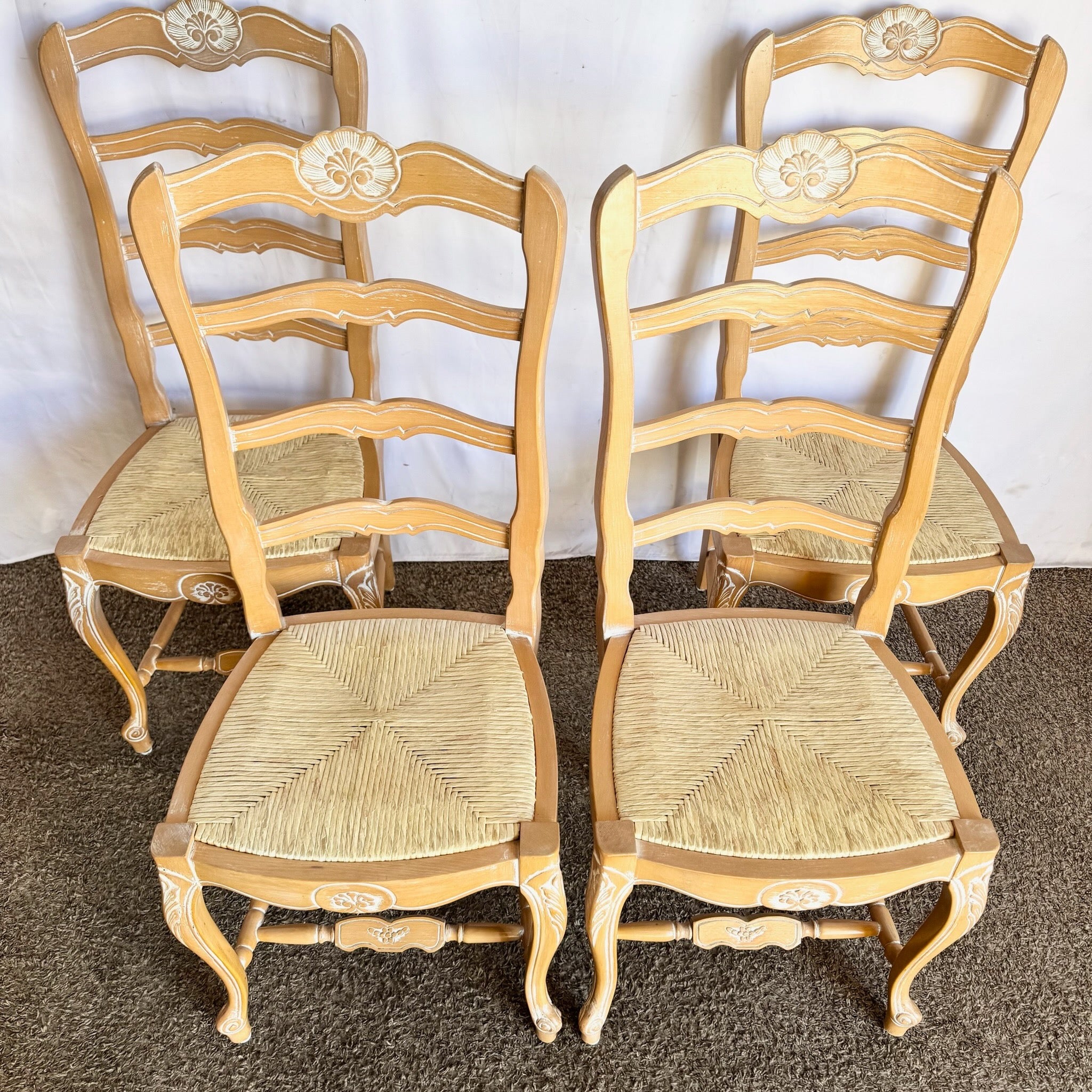Vintage French Style Ladder Back Dining Chairs With Twine Seats - Set of 4