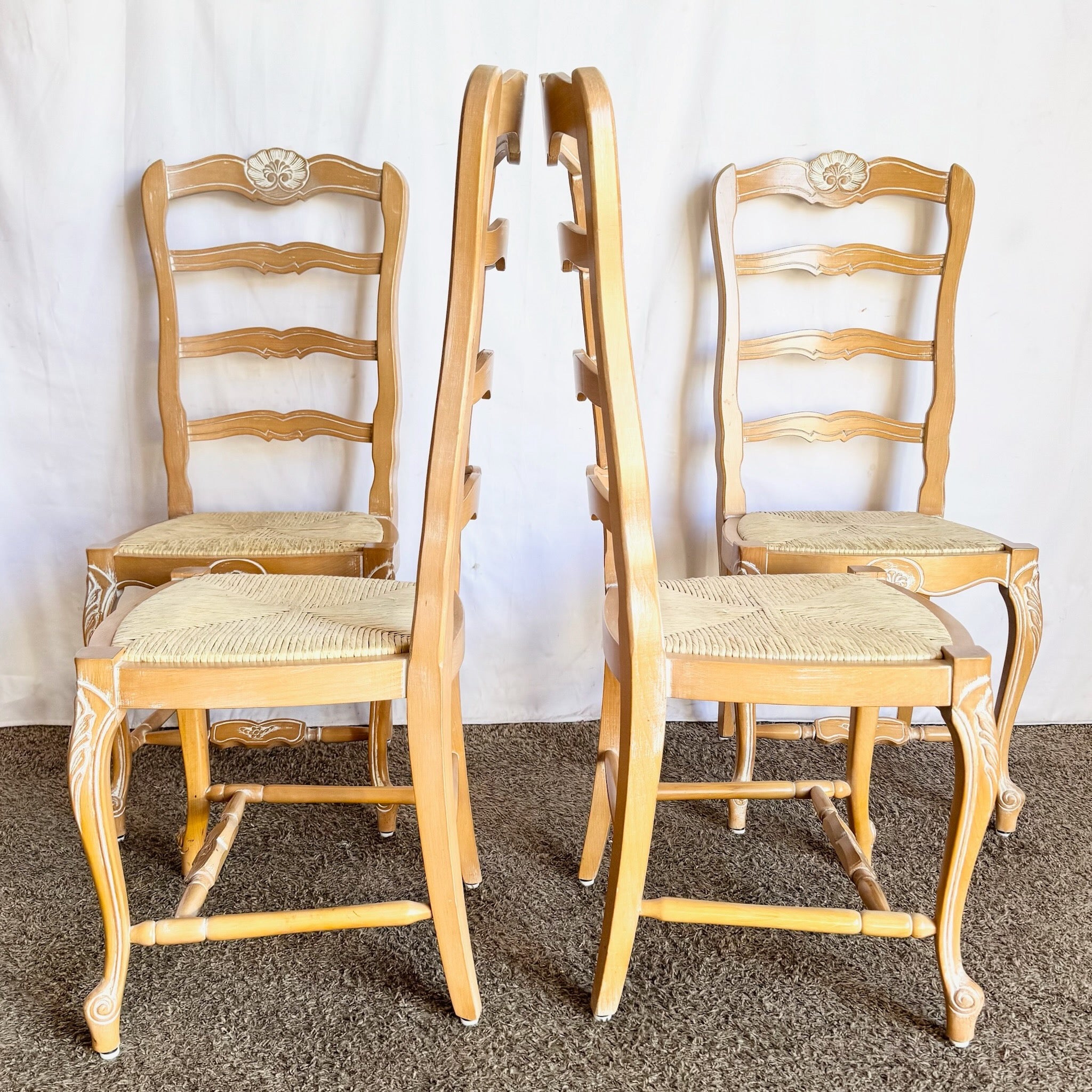 Vintage French Style Ladder Back Dining Chairs With Twine Seats - Set of 4