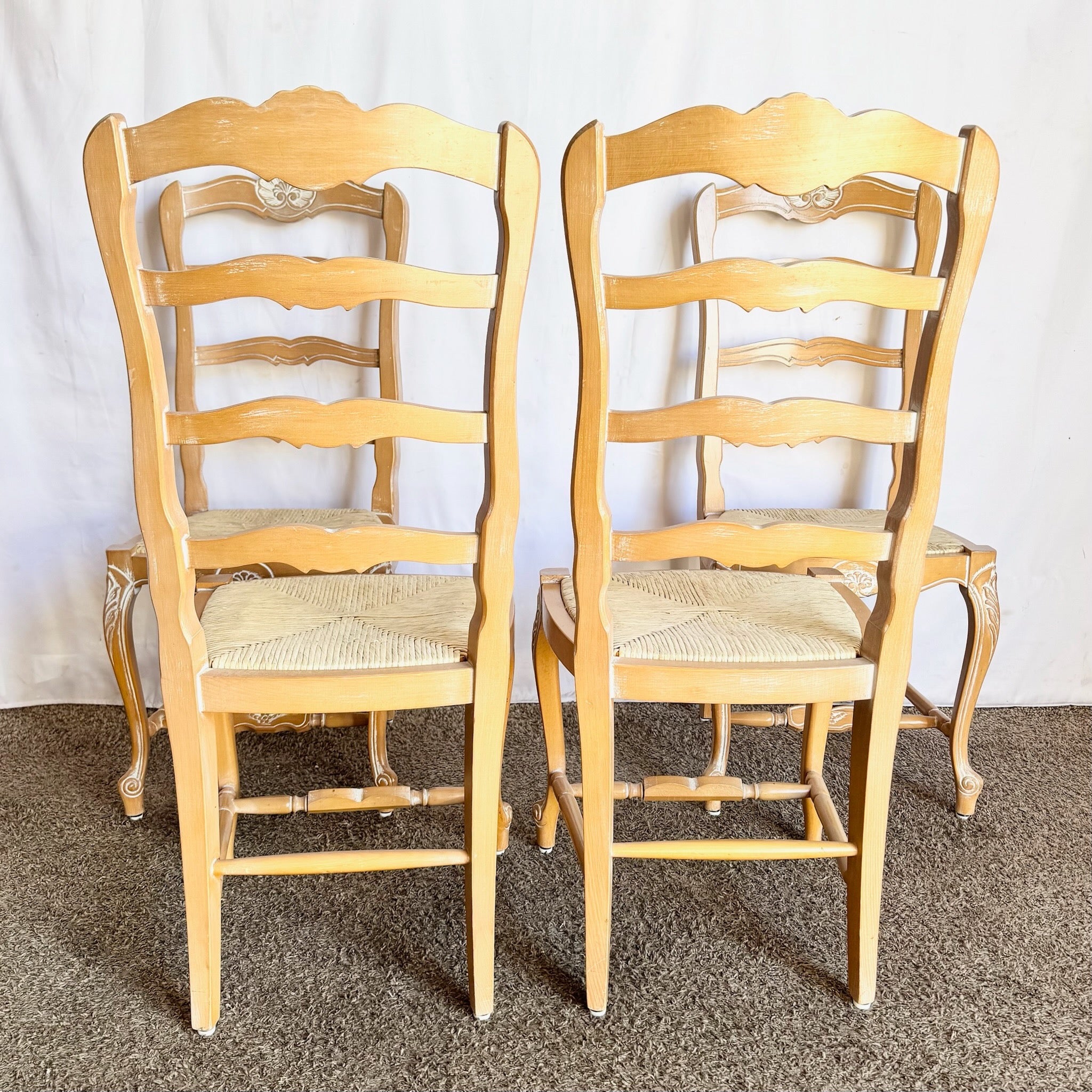 Vintage French Style Ladder Back Dining Chairs With Twine Seats - Set of 4