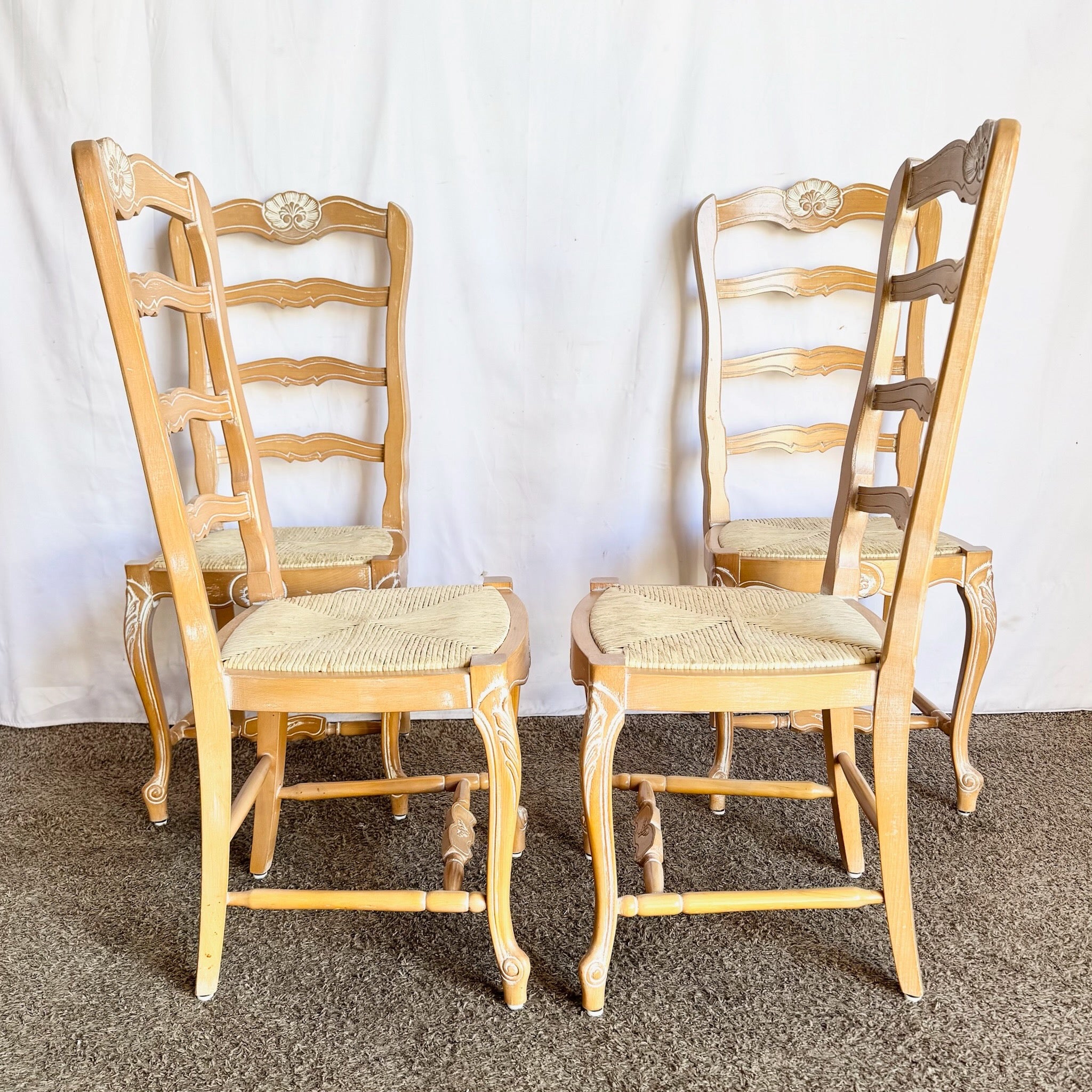 Vintage French Style Ladder Back Dining Chairs With Twine Seats - Set of 4