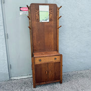 Antique Tiger Oak Hall Tree Dolphin & Flamingo
