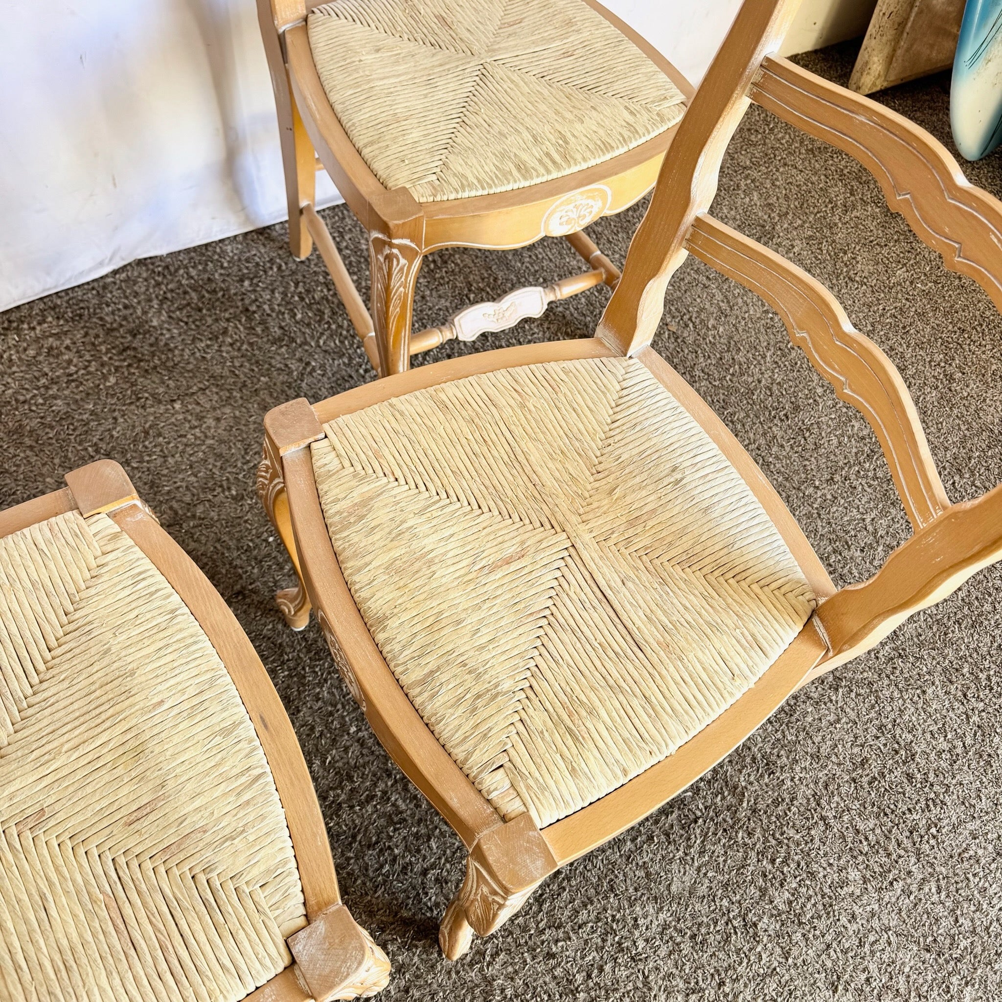 Vintage French Style Ladder Back Dining Chairs With Twine Seats - Set of 4