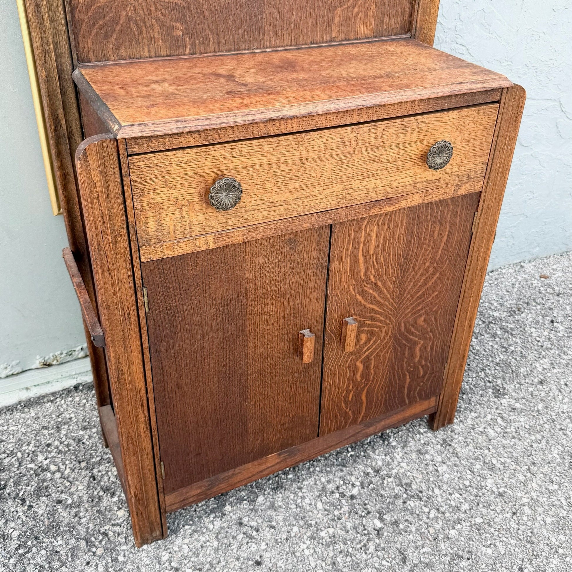 Antique Tiger Oak Hall Tree Dolphin & Flamingo