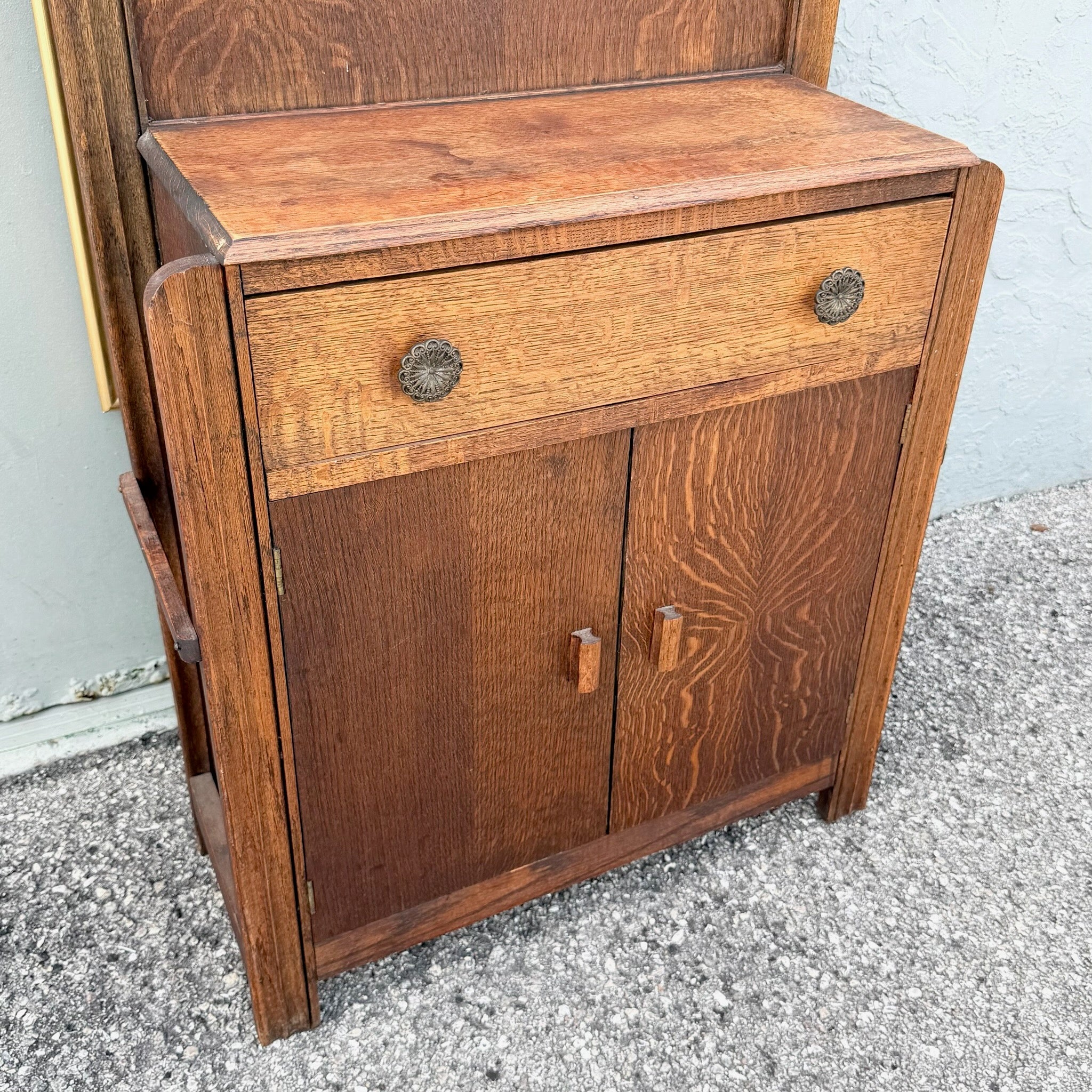 Antique Tiger Oak Hall Tree Dolphin & Flamingo