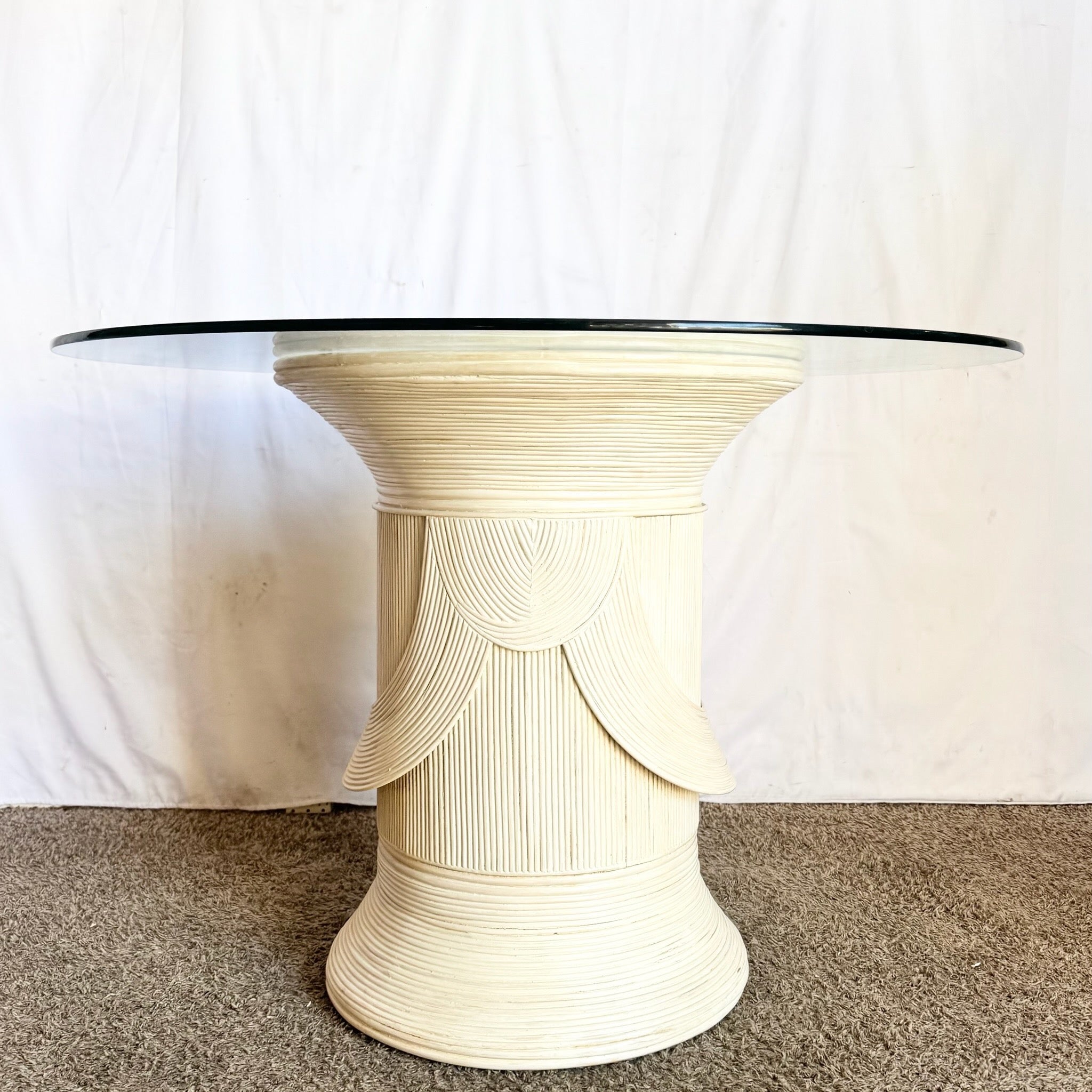 Boho Chic Sculpted Pencil Reed Circular Glass Top Dining Table