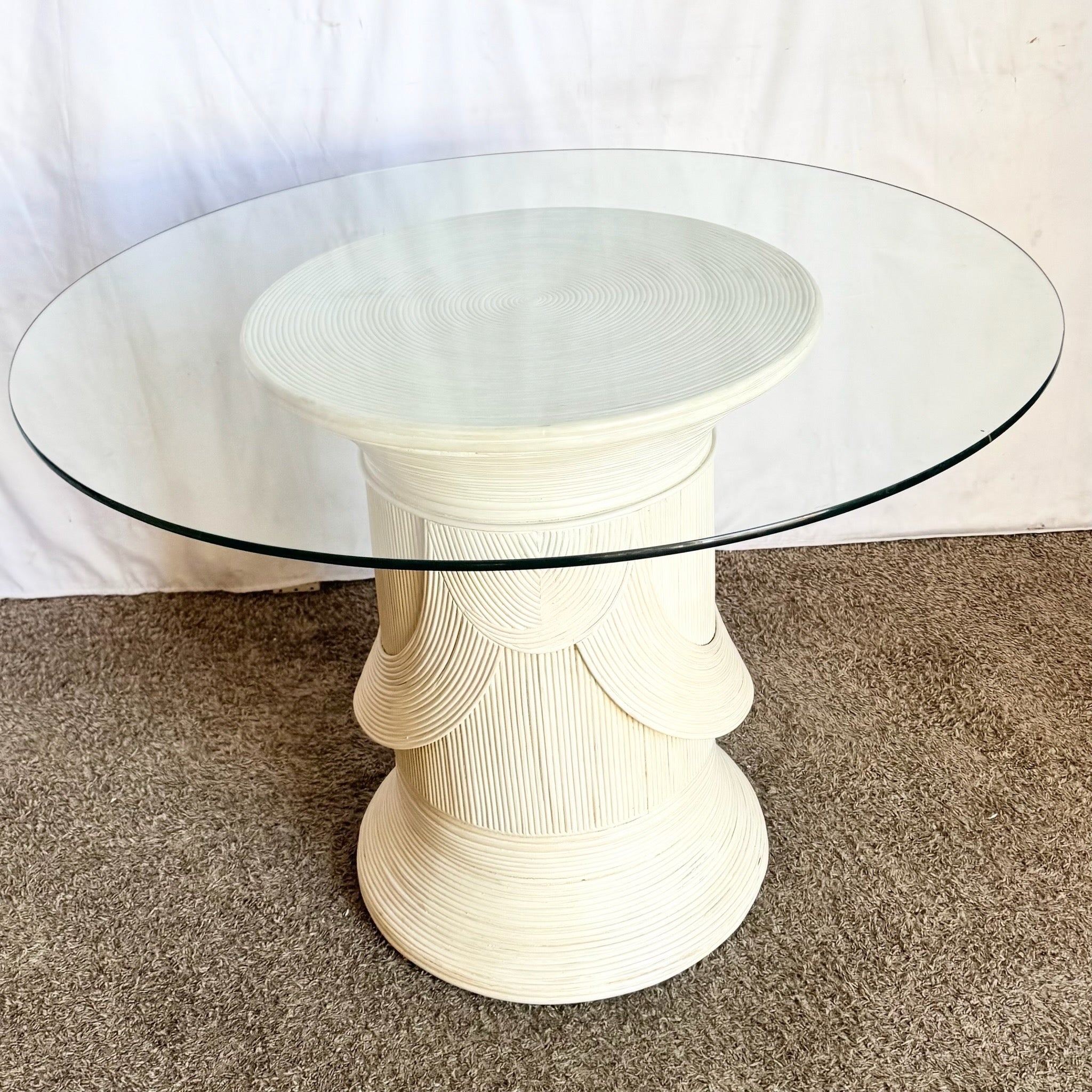 Boho Chic Sculpted Pencil Reed Circular Glass Top Dining Table