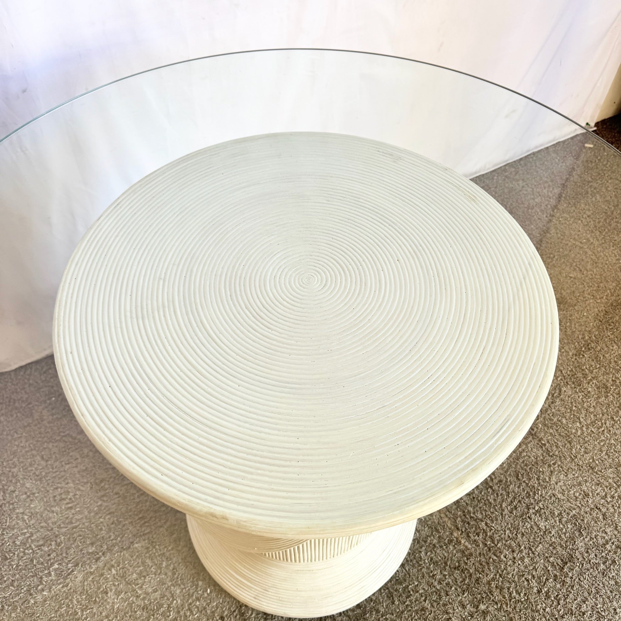 Boho Chic Sculpted Pencil Reed Circular Glass Top Dining Table