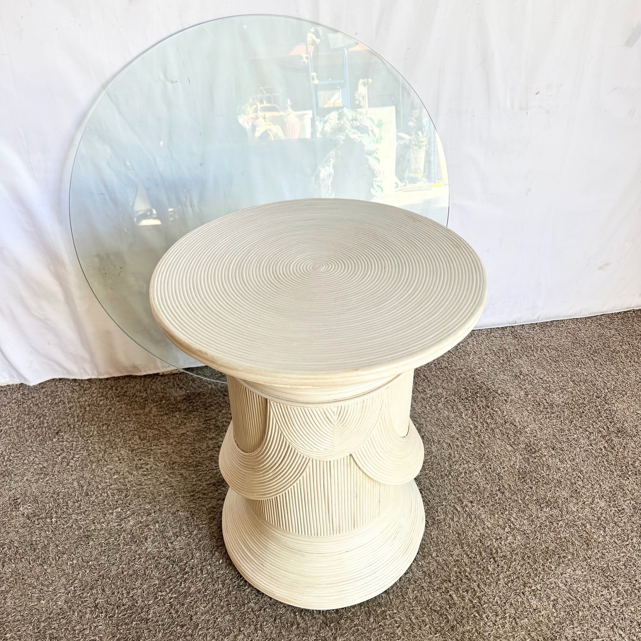 Boho Chic Sculpted Pencil Reed Circular Glass Top Dining Table