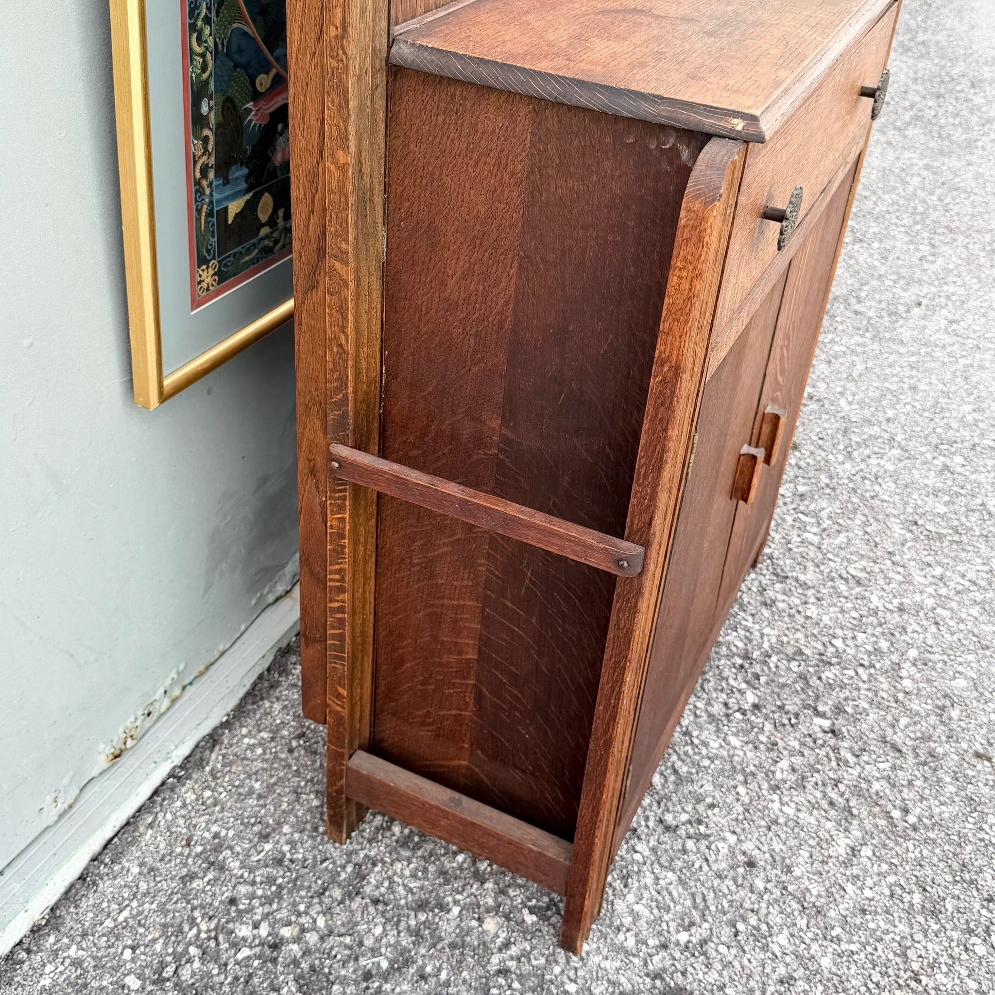 Antique Tiger Oak Hall Tree Dolphin & Flamingo