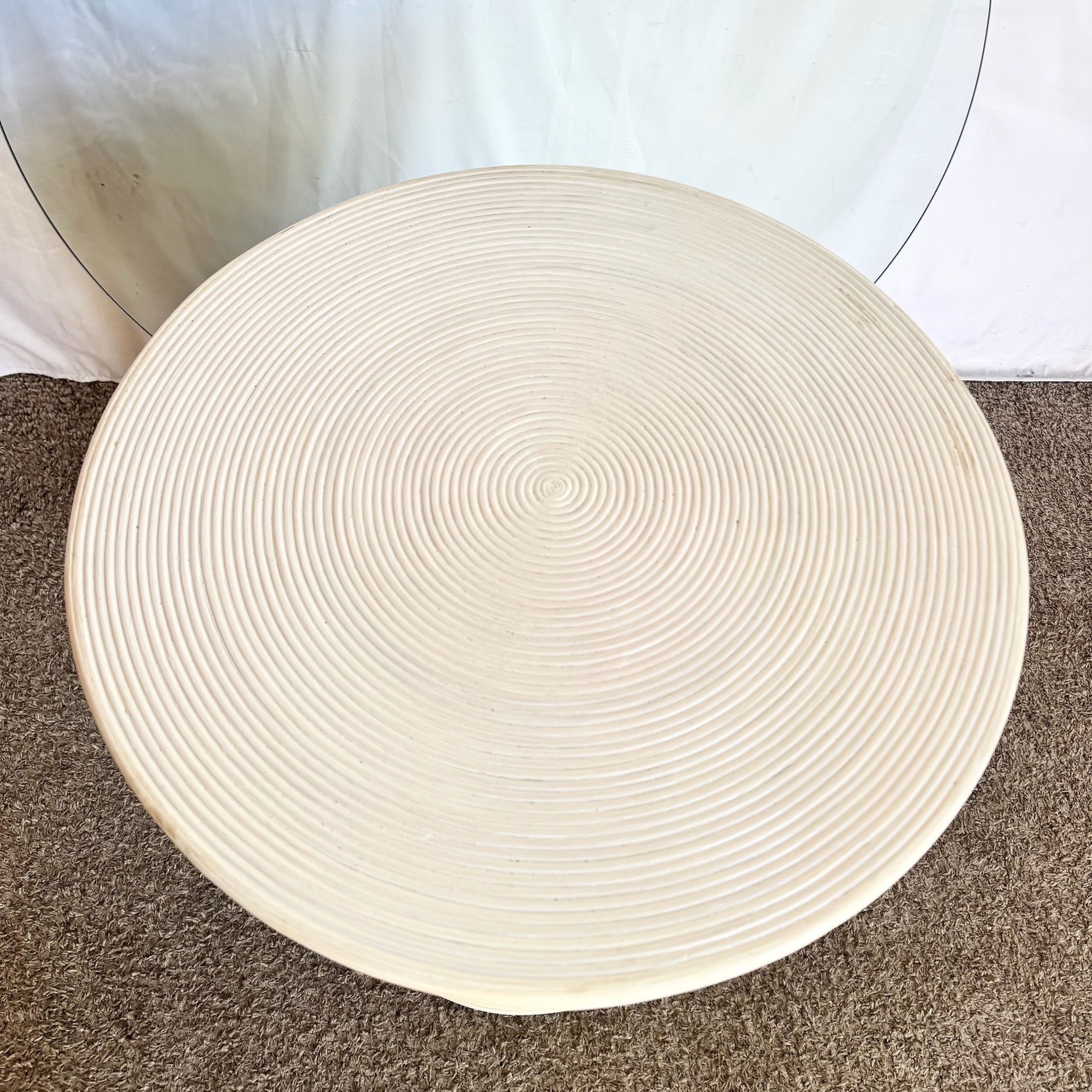 Boho Chic Sculpted Pencil Reed Circular Glass Top Dining Table