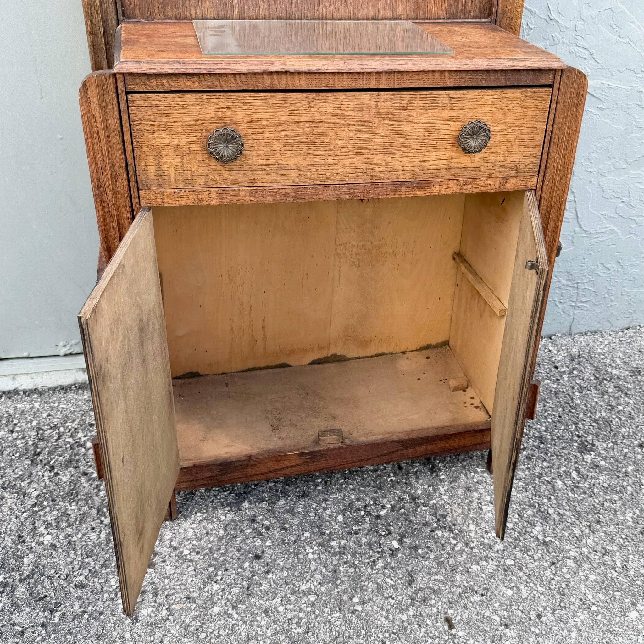 Antique Tiger Oak Hall Tree Dolphin & Flamingo