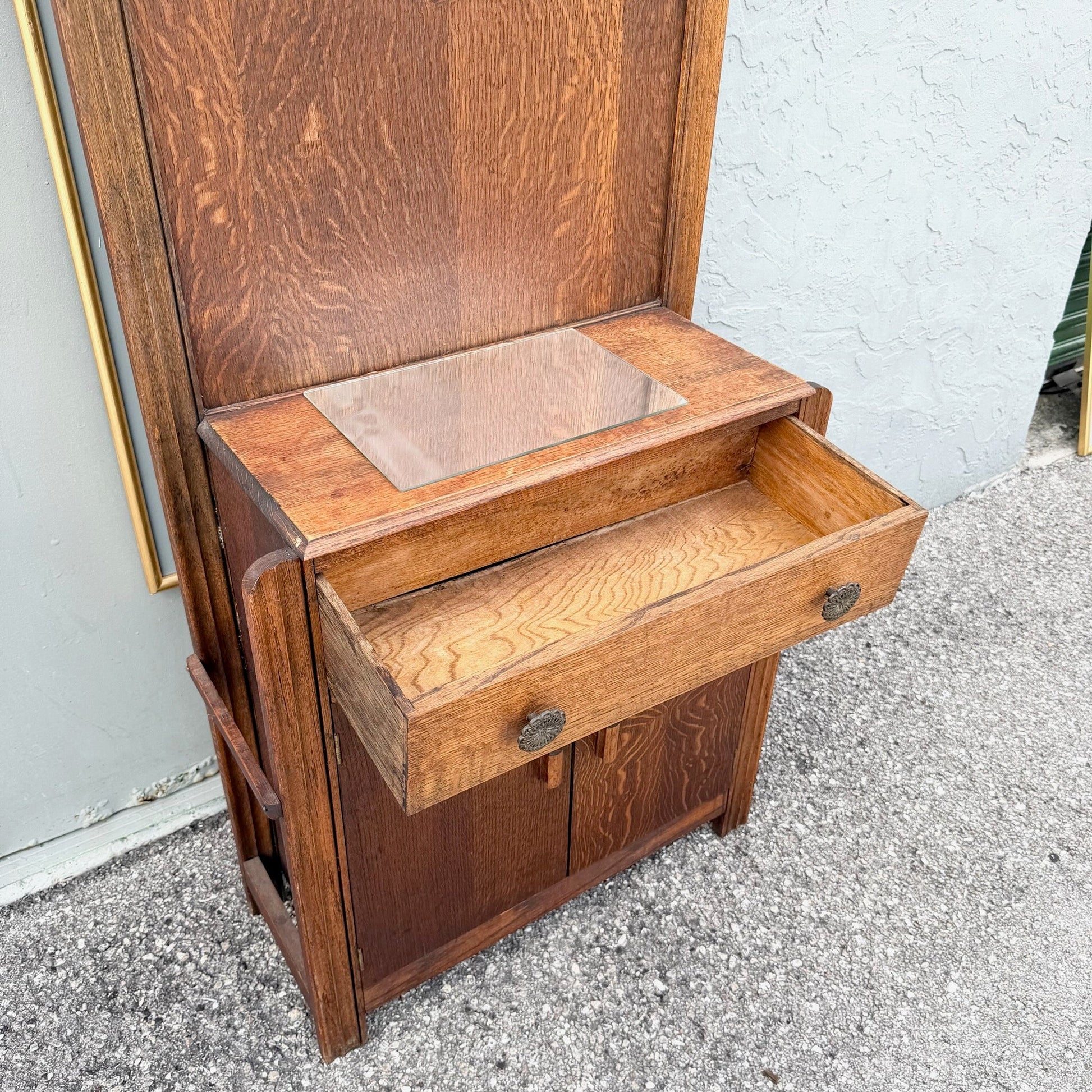 Antique Tiger Oak Hall Tree Dolphin & Flamingo