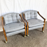 Vintage Tufted Blue and White Striped Tufted Arm Chairs on Caster - A Pair
