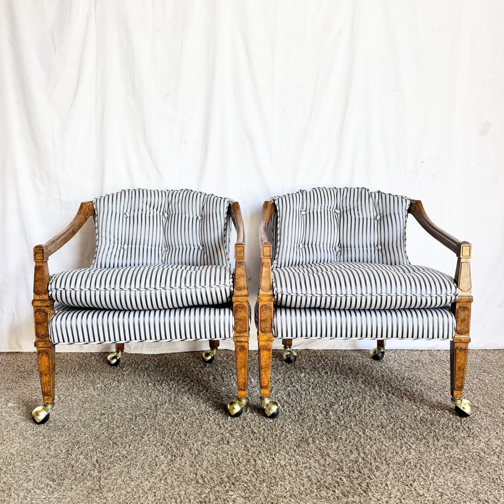 Vintage Tufted Blue and White Striped Tufted Arm Chairs on Caster - A Pair