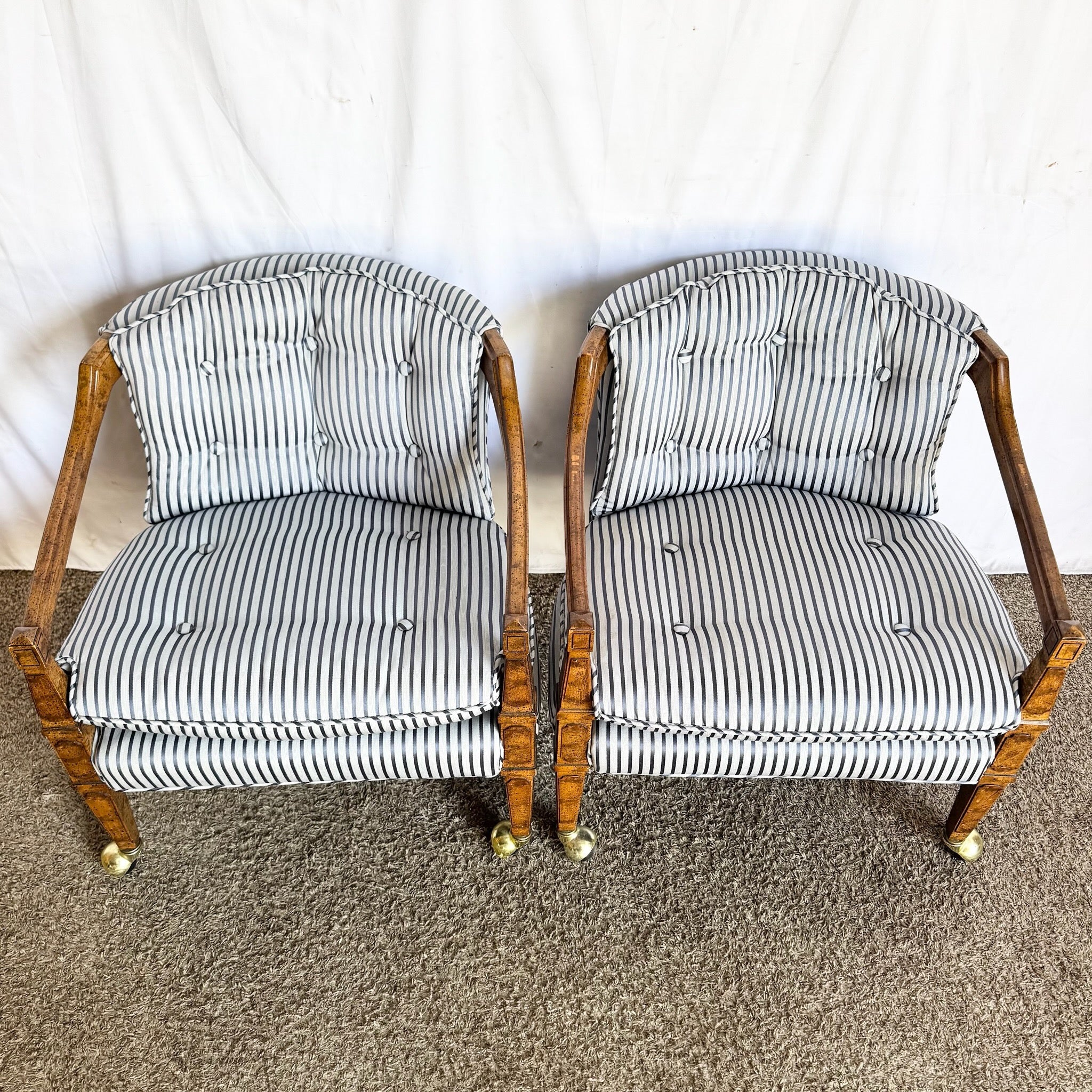Vintage Tufted Blue and White Striped Tufted Arm Chairs on Caster - A Pair
