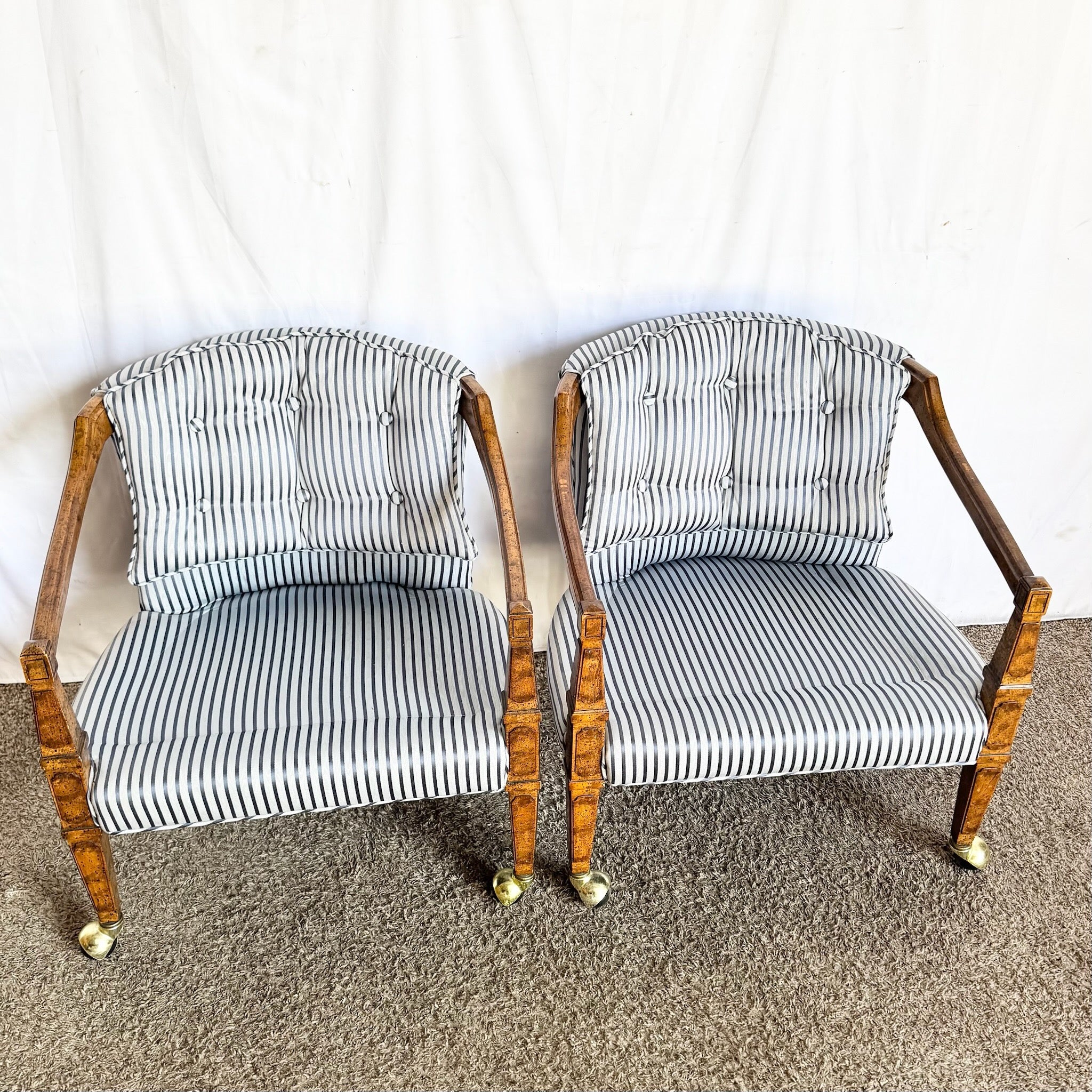 Vintage Tufted Blue and White Striped Tufted Arm Chairs on Caster - A Pair