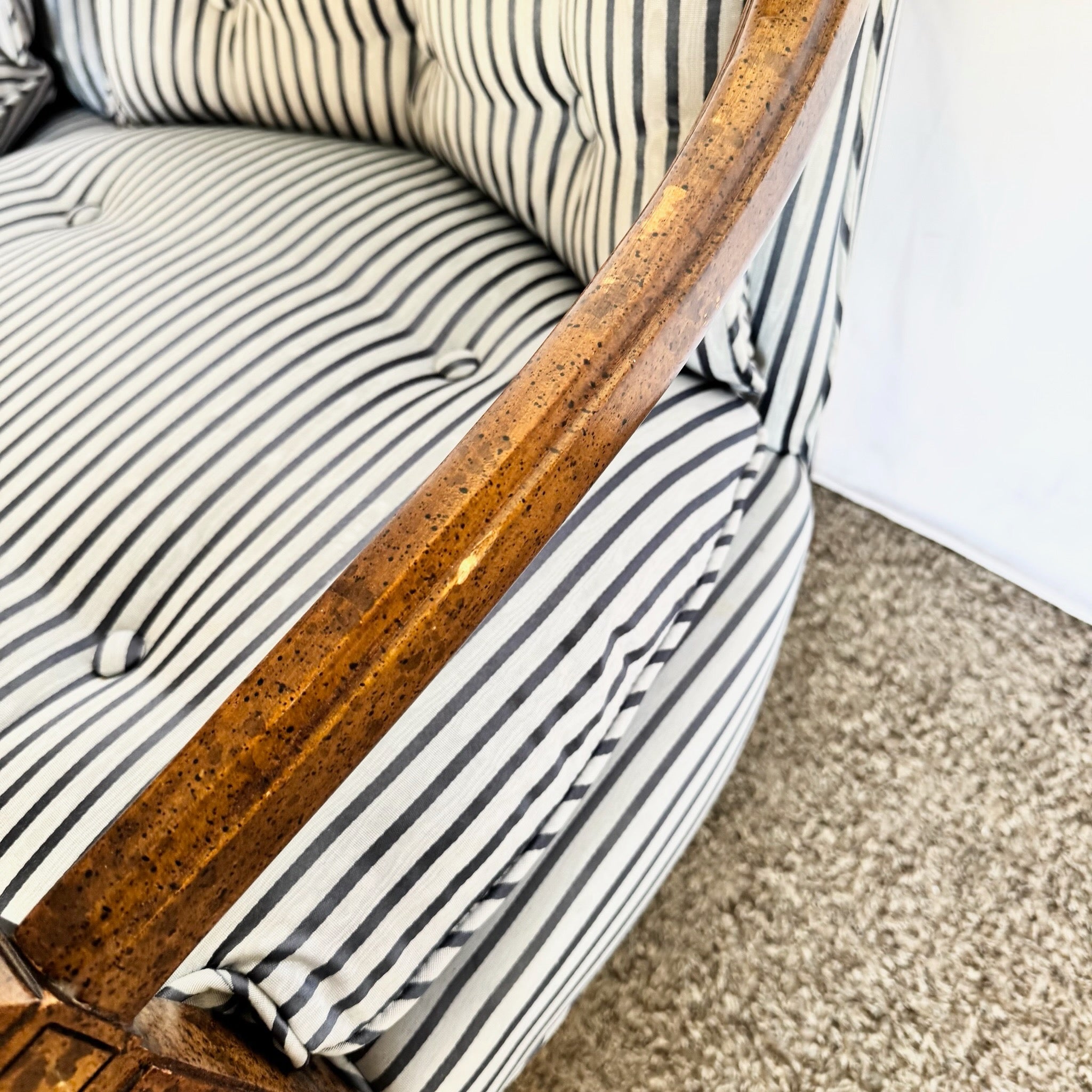 Vintage Tufted Blue and White Striped Tufted Arm Chairs on Caster - A Pair
