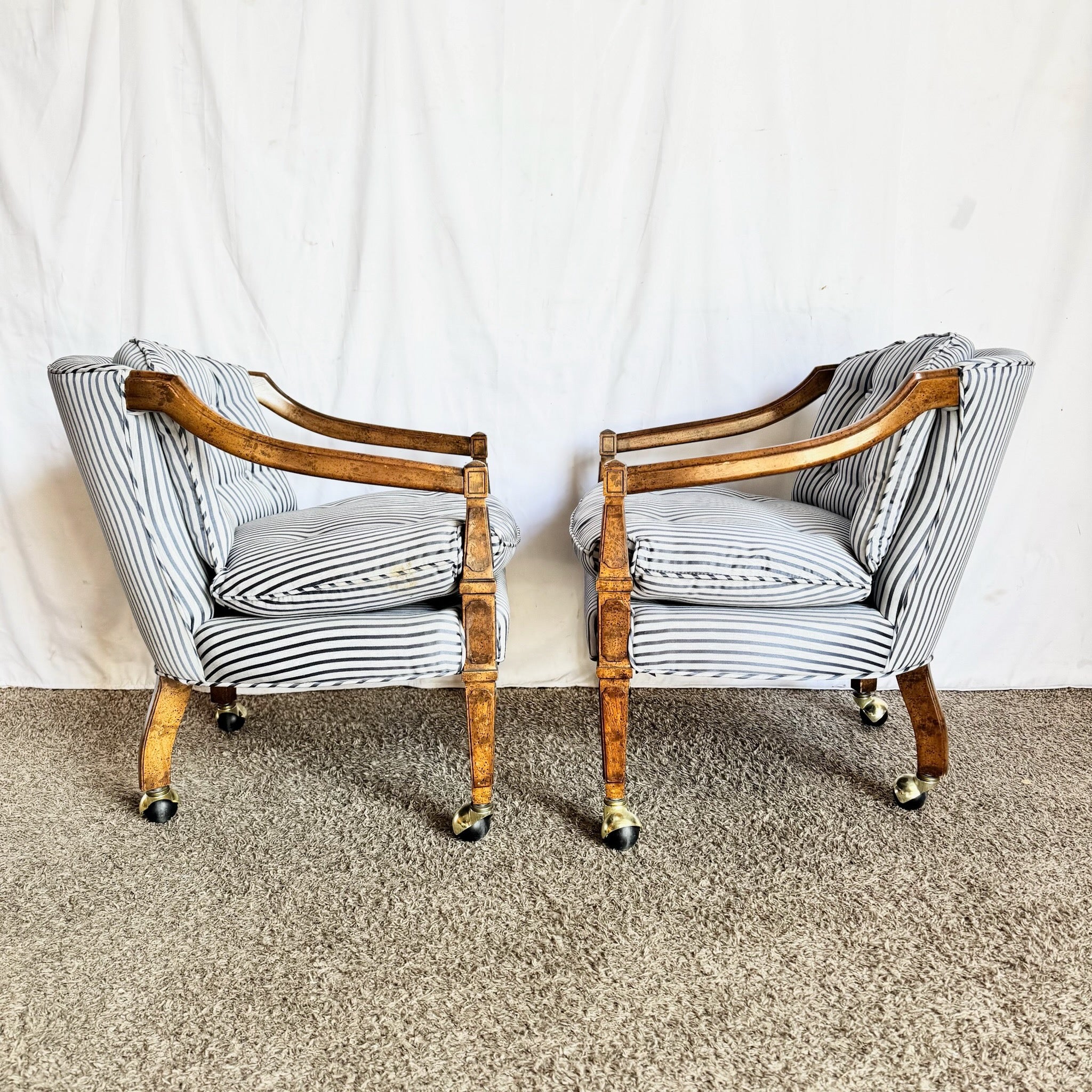 Vintage Tufted Blue and White Striped Tufted Arm Chairs on Caster - A Pair