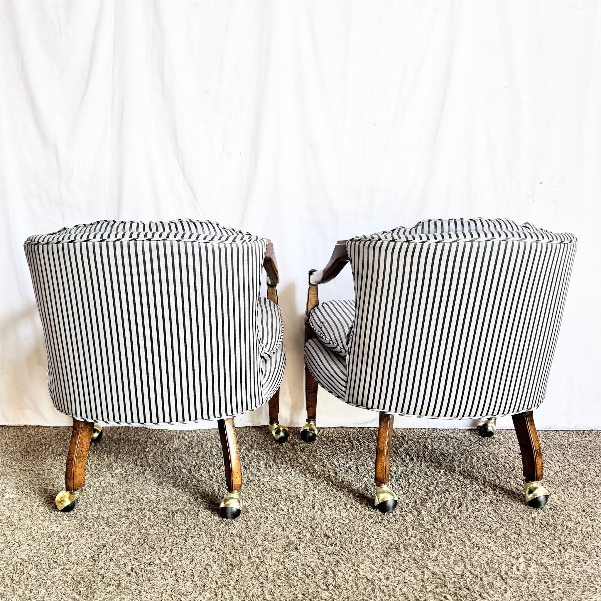 Vintage Tufted Blue and White Striped Tufted Arm Chairs on Caster - A Pair
