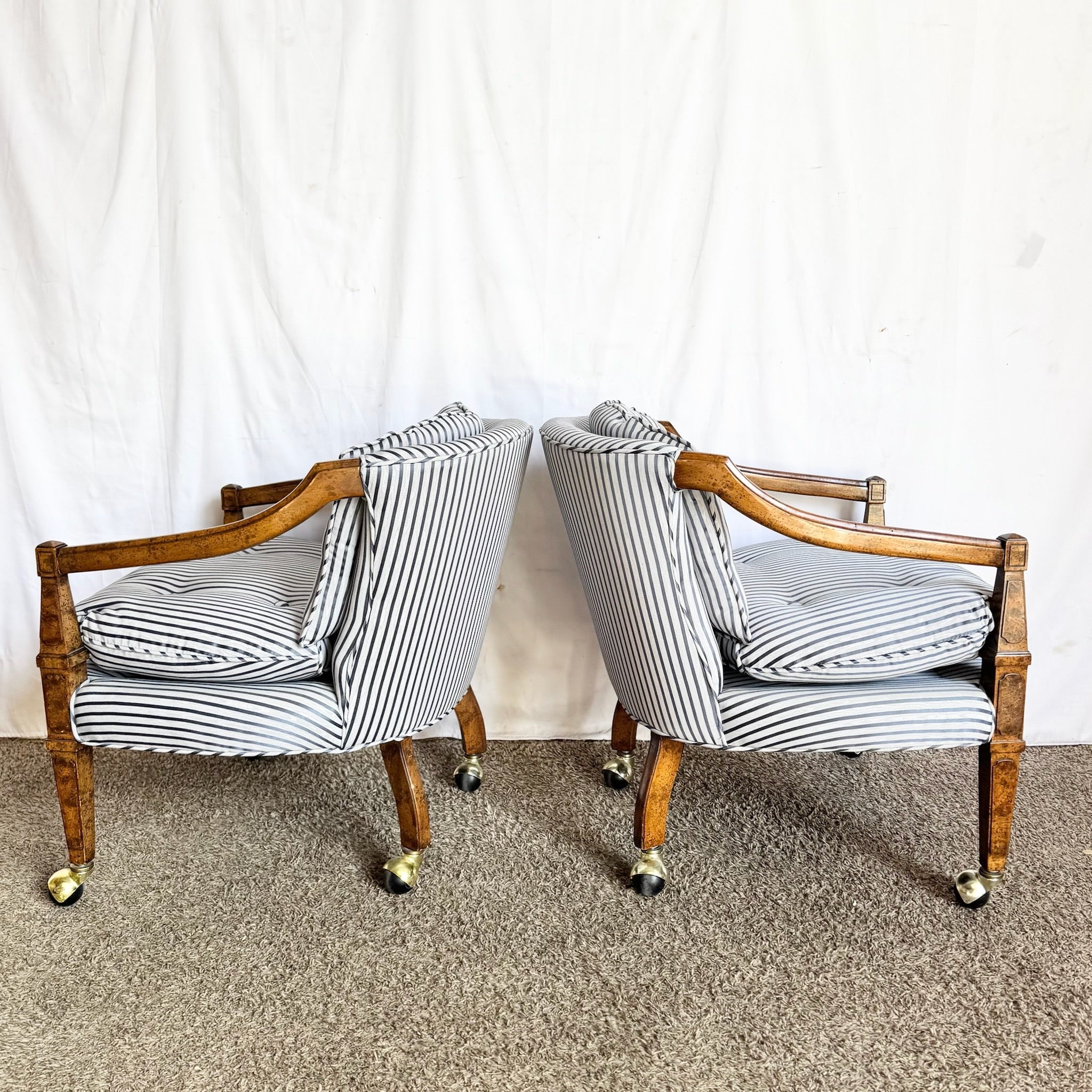 Vintage Tufted Blue and White Striped Tufted Arm Chairs on Caster - A Pair