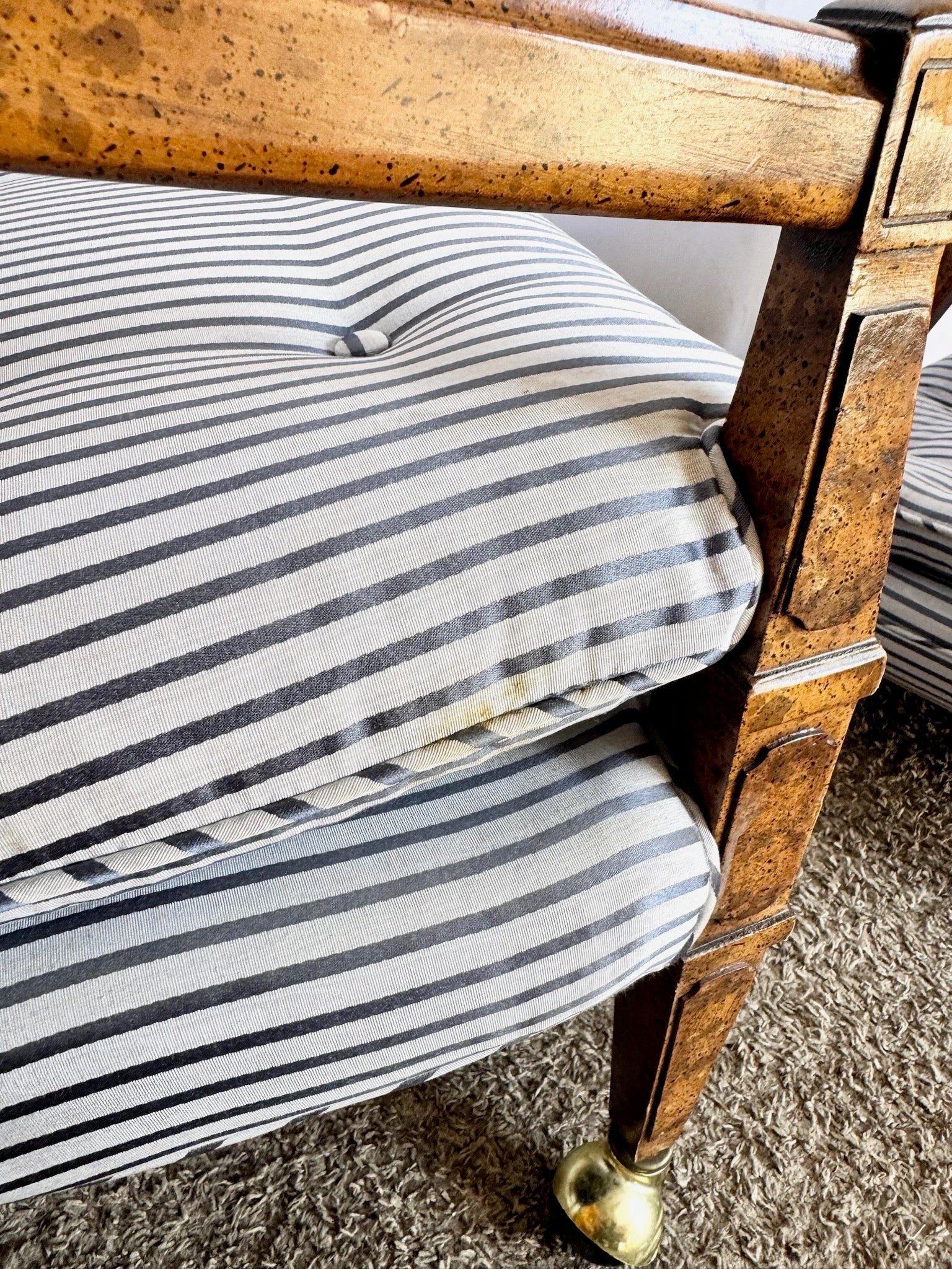 Vintage Tufted Blue and White Striped Tufted Arm Chairs on Caster - A Pair