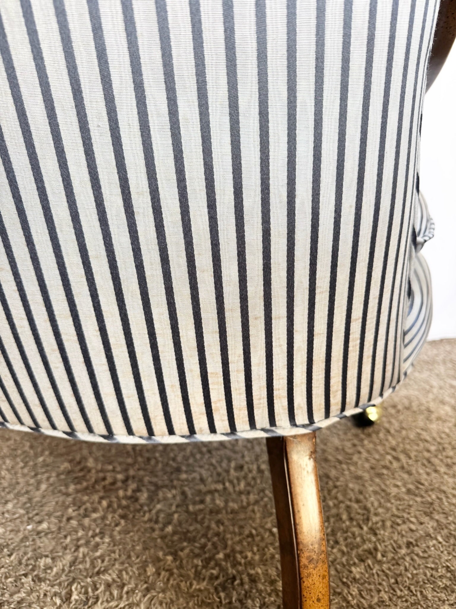 Vintage Tufted Blue and White Striped Tufted Arm Chairs on Caster - A Pair