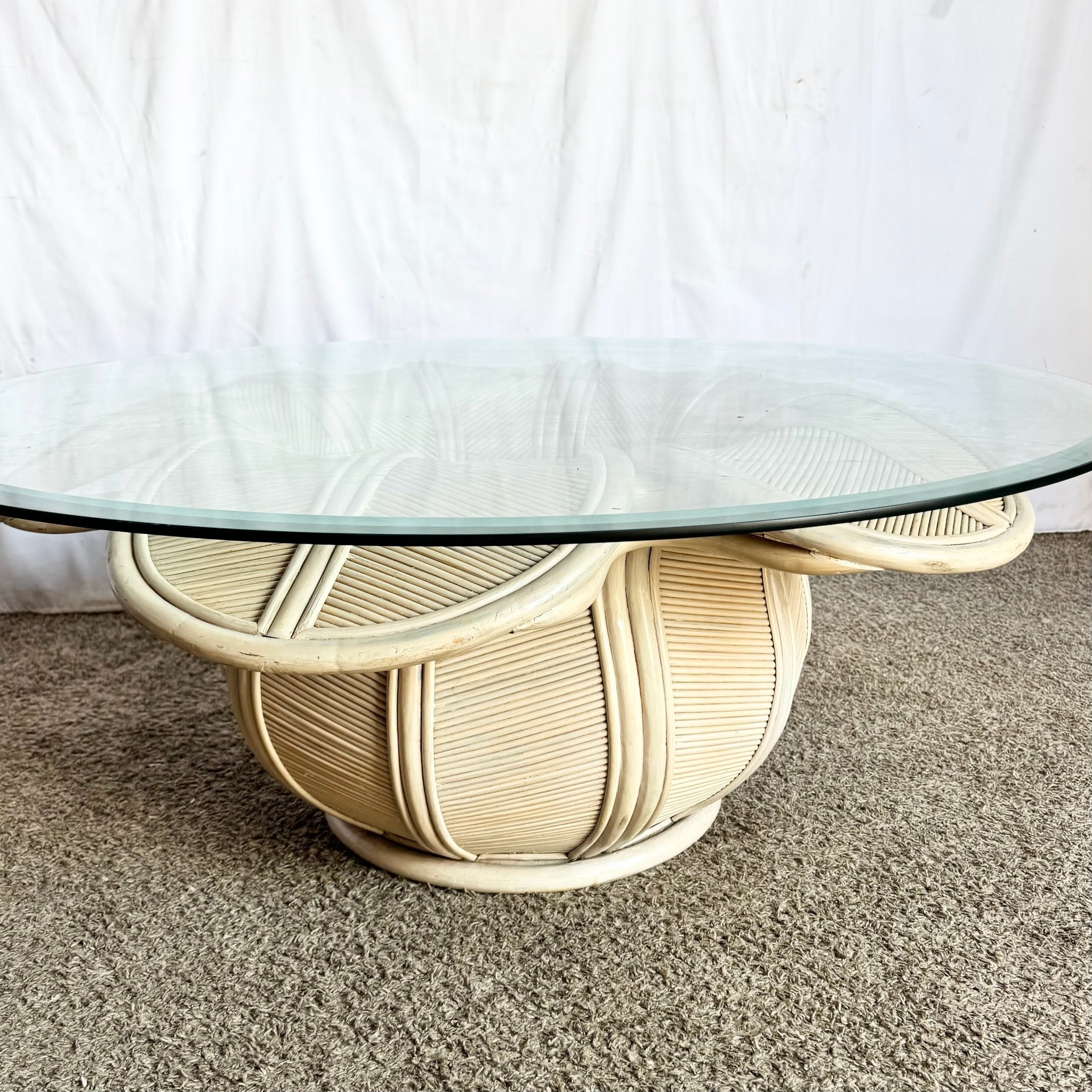 Coastal Bellflower Reed and Rattan Glass Top Coffee Table