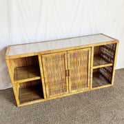 Vintage Boho Chic Wicker Credenza With Inlaid Glass