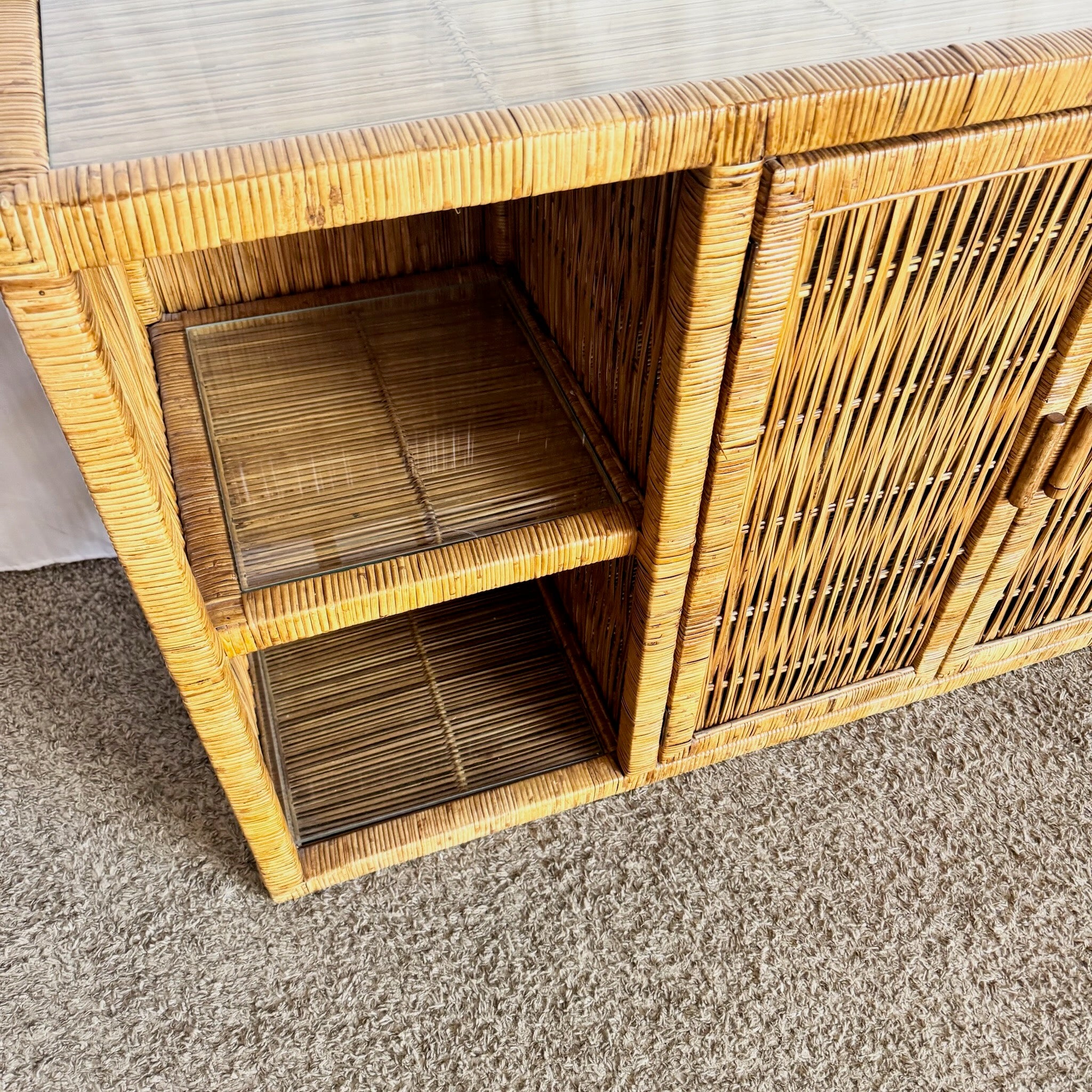 Vintage Boho Chic Wicker Credenza With Inlaid Glass