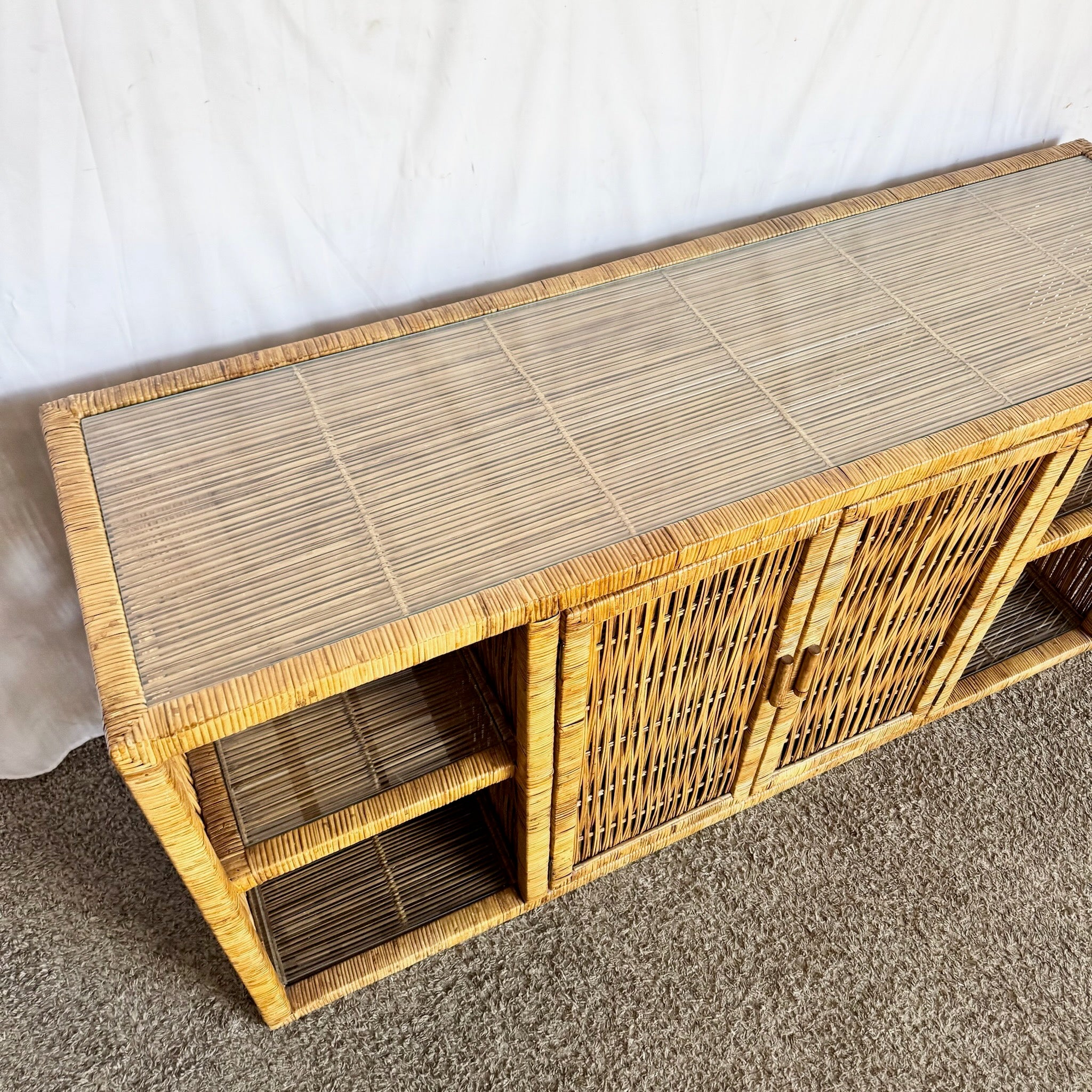 Vintage Boho Chic Wicker Credenza With Inlaid Glass