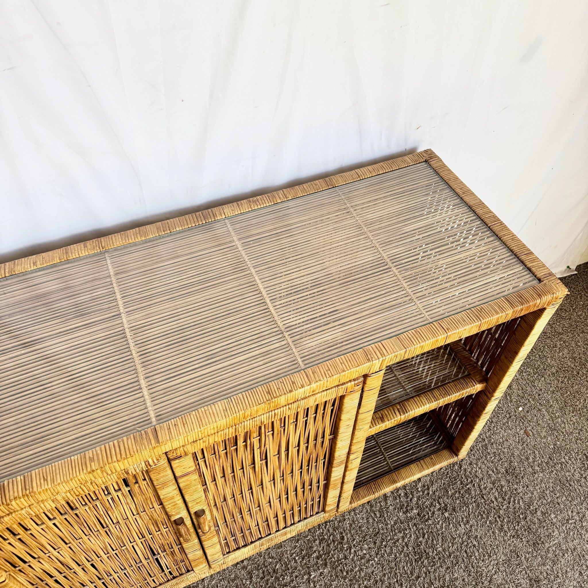 Vintage Boho Chic Wicker Credenza With Inlaid Glass