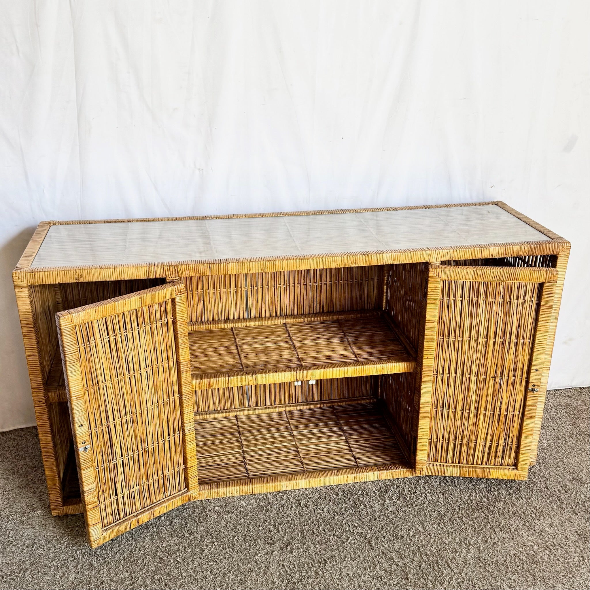 Vintage Boho Chic Wicker Credenza With Inlaid Glass