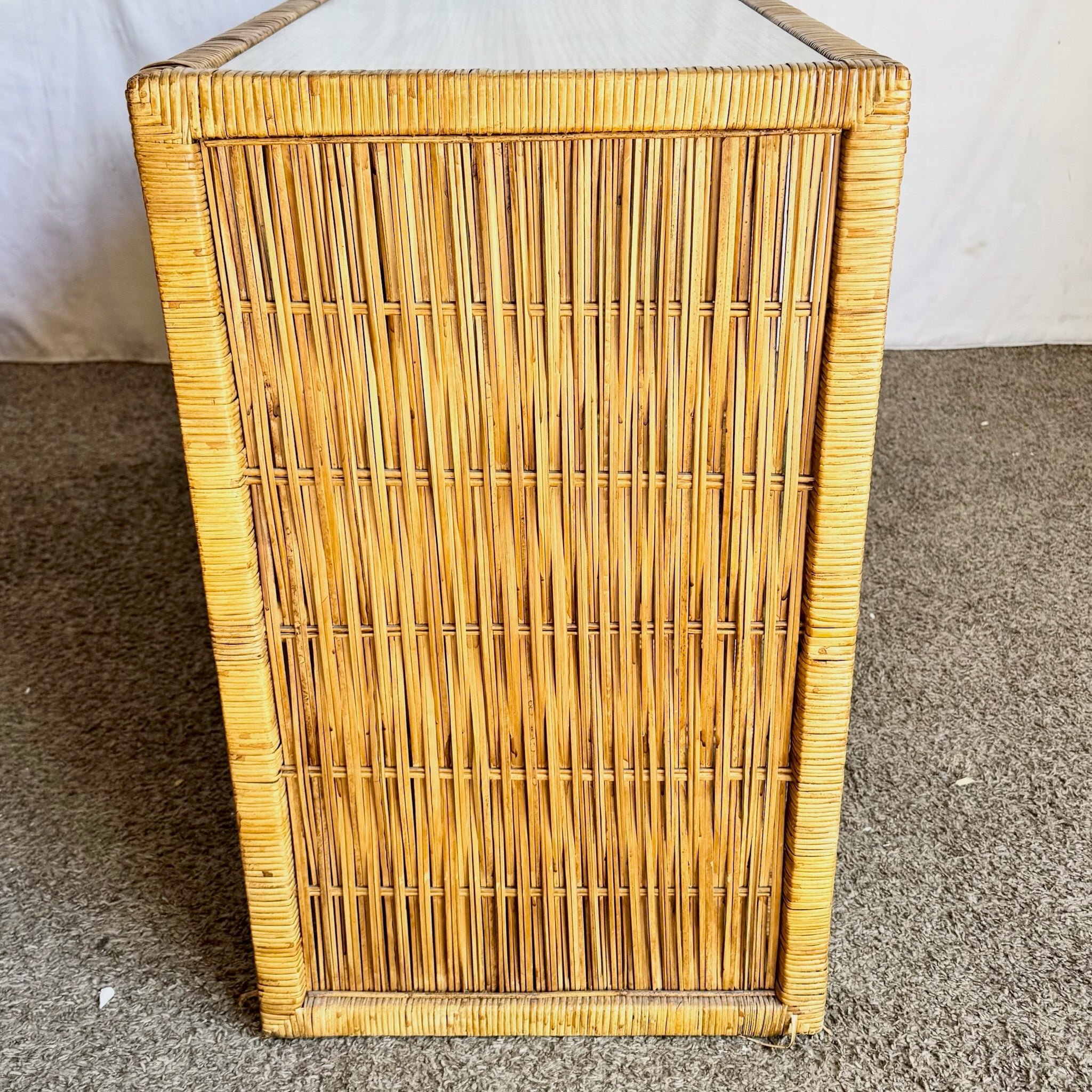 Vintage Boho Chic Wicker Credenza With Inlaid Glass