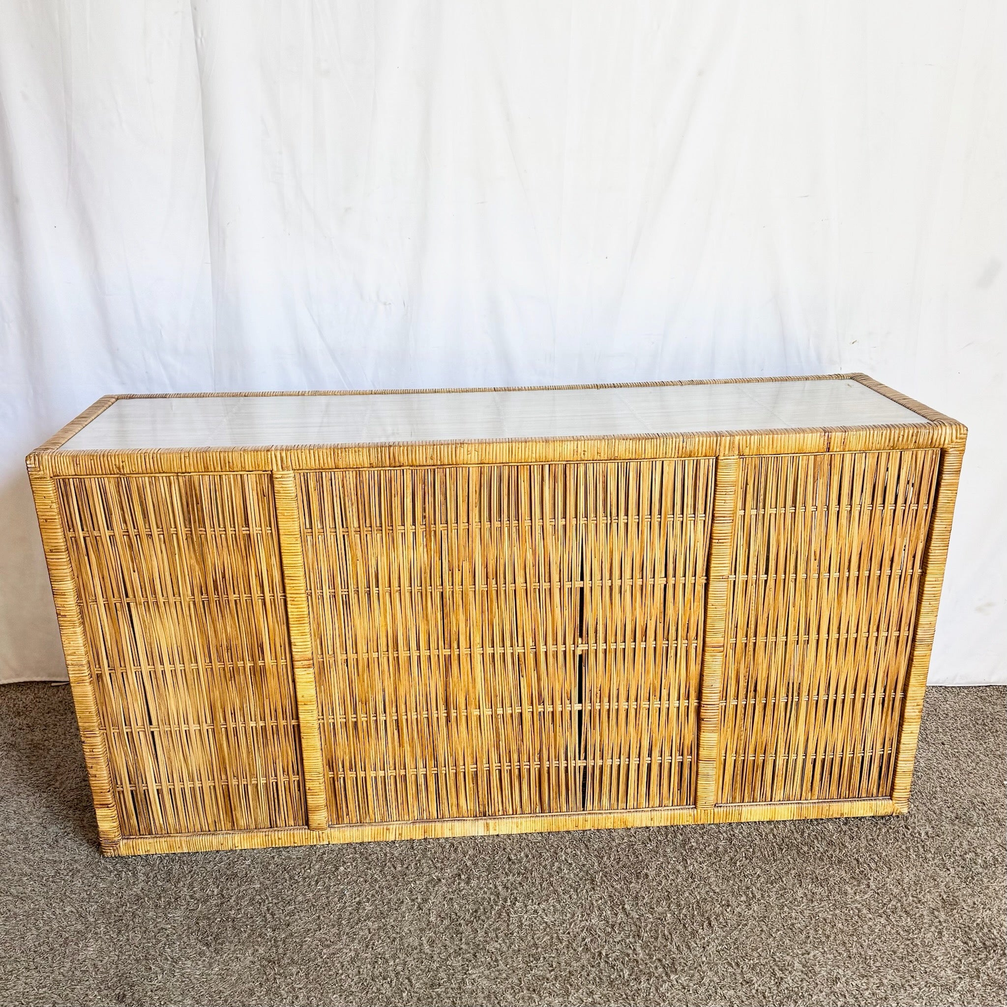 Vintage Boho Chic Wicker Credenza With Inlaid Glass