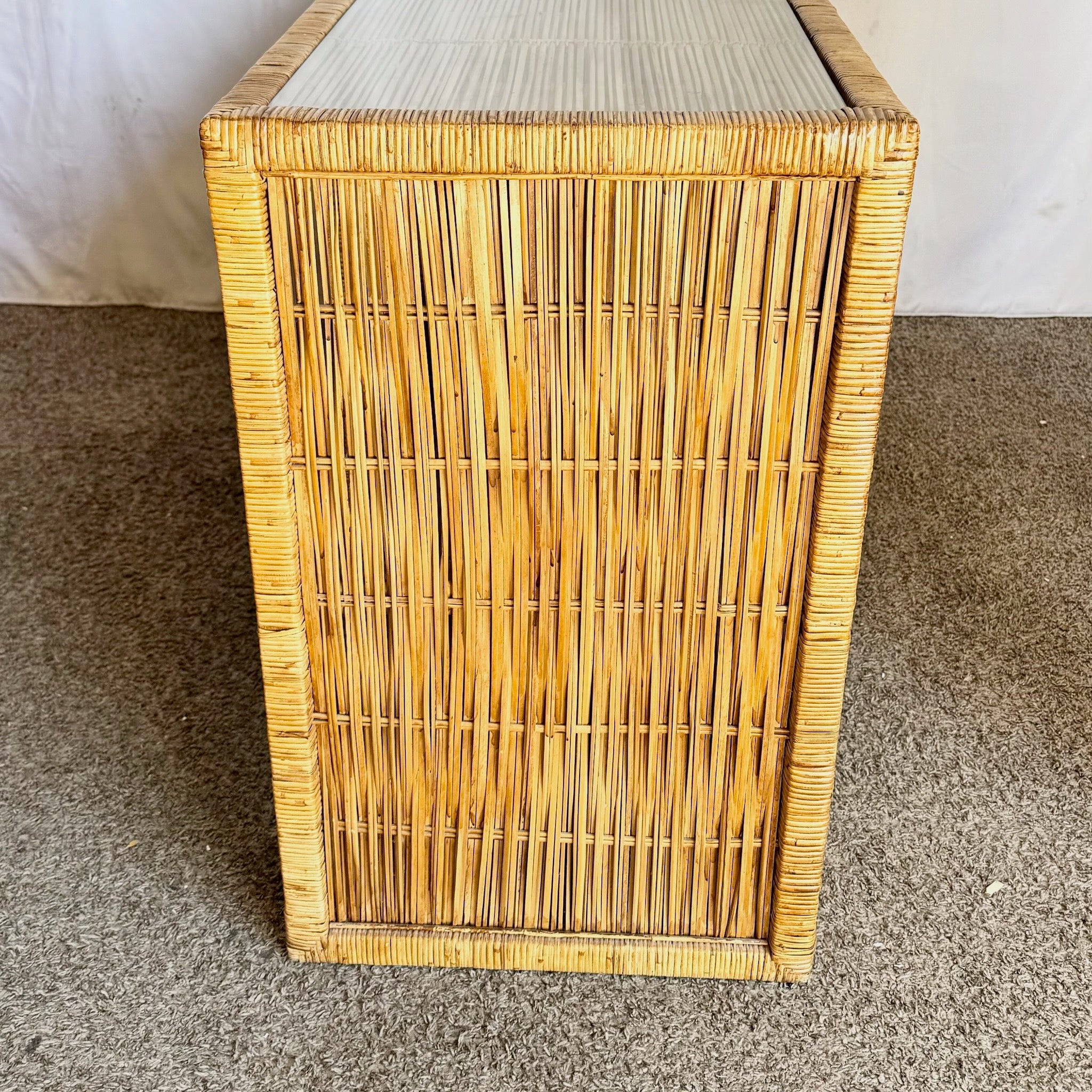 Vintage Boho Chic Wicker Credenza With Inlaid Glass