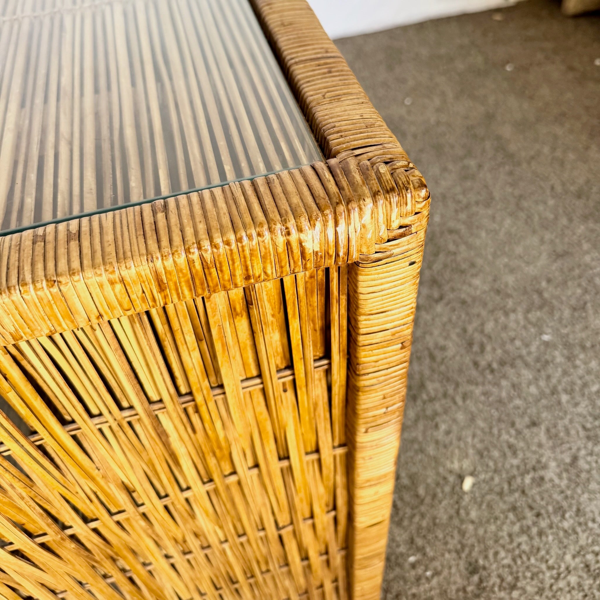 Vintage Boho Chic Wicker Credenza With Inlaid Glass