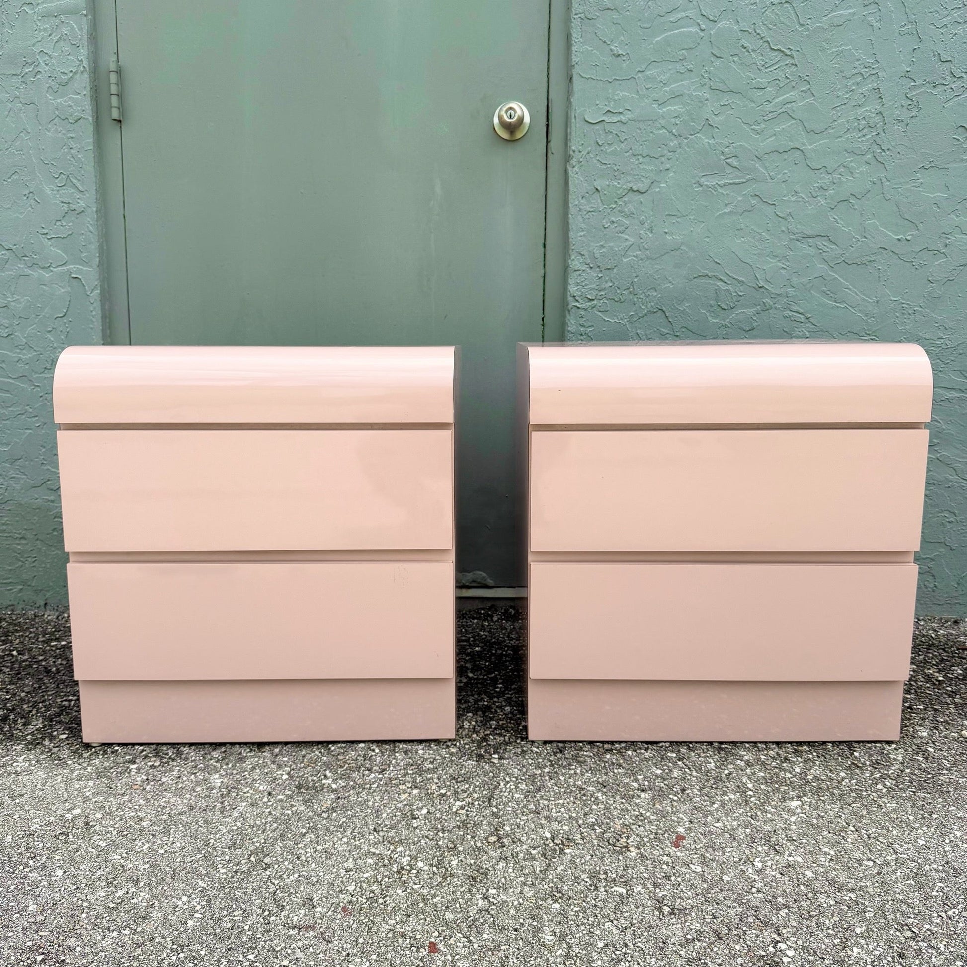 Postmodern Pink Golds Laminate Waterfall Nightstands - A Pair Dolphin & Flamingo
