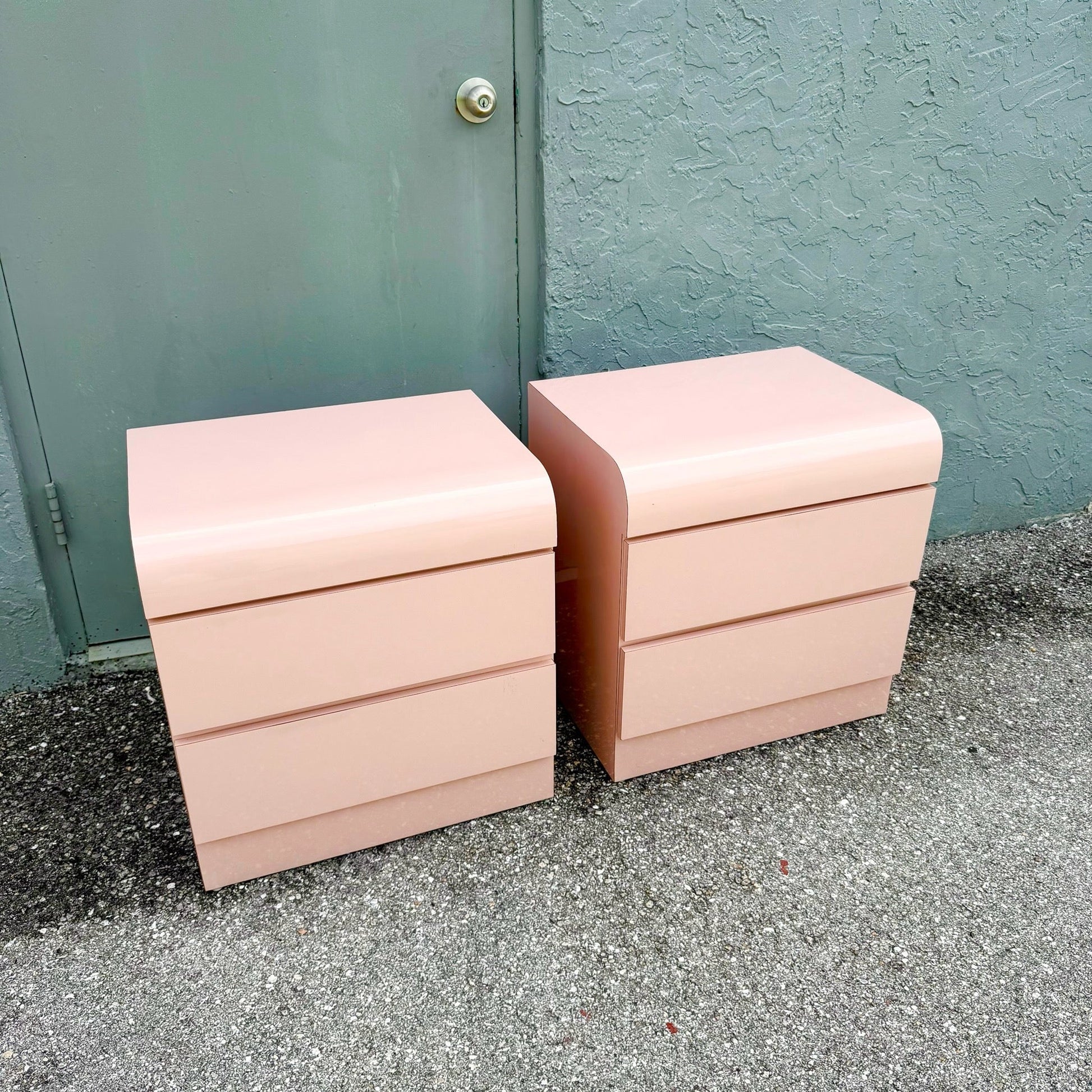 Postmodern Pink Golds Laminate Waterfall Nightstands - A Pair Dolphin & Flamingo
