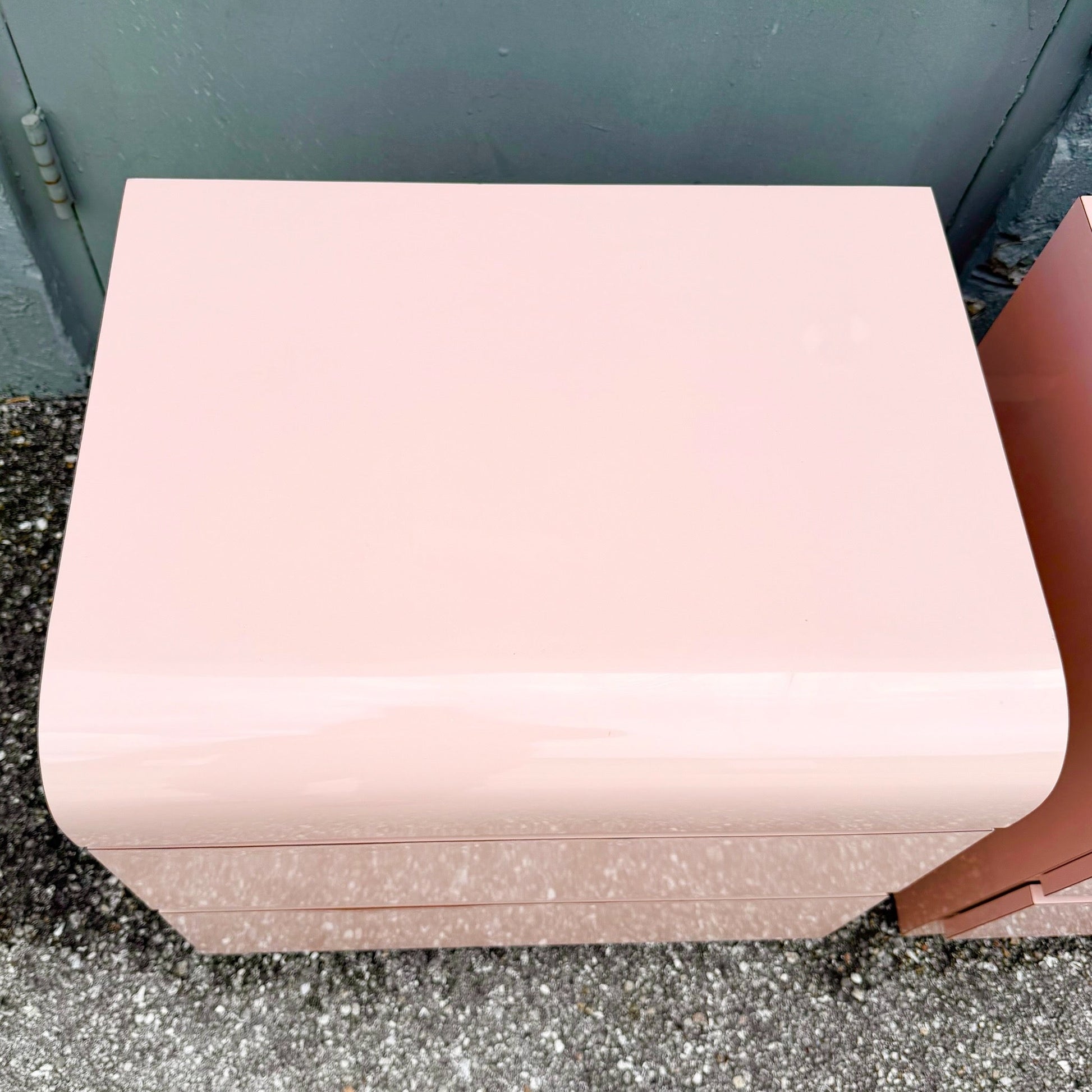 Postmodern Pink Golds Laminate Waterfall Nightstands - A Pair Dolphin & Flamingo