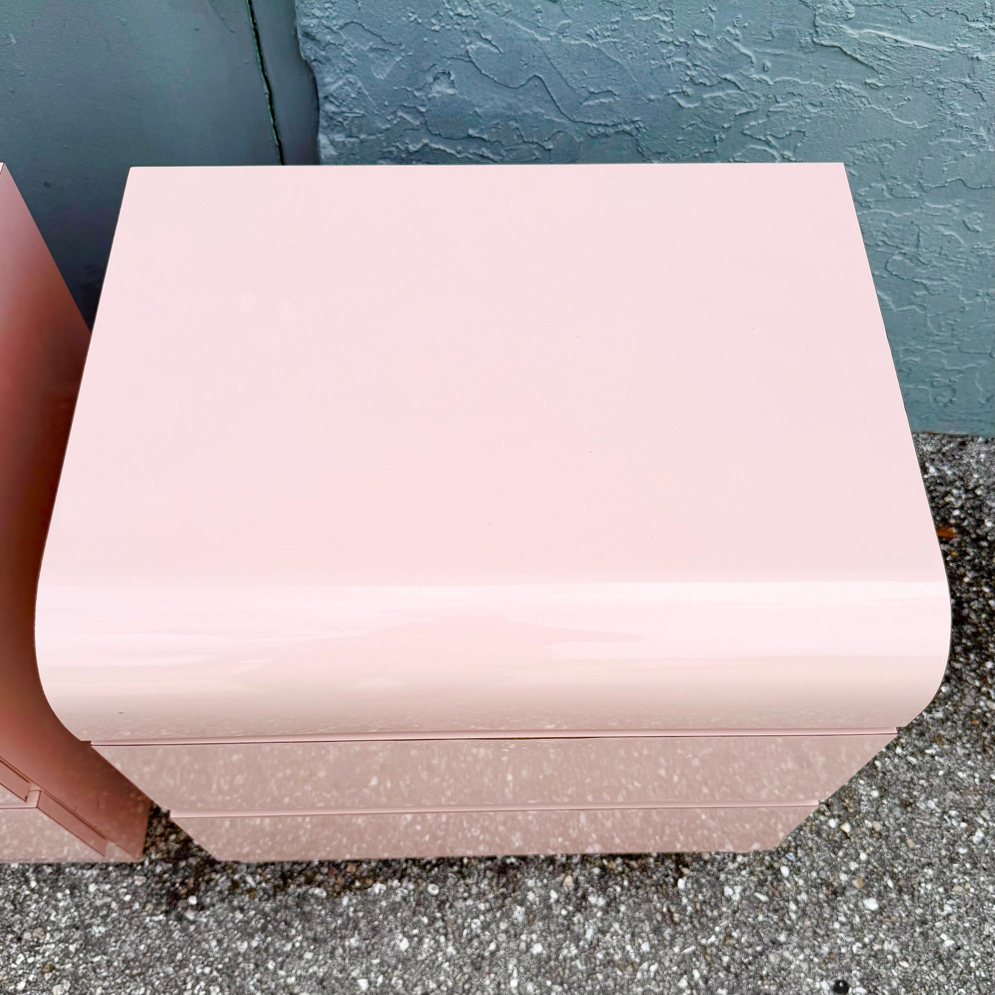 Postmodern Pink Golds Laminate Waterfall Nightstands - A Pair Dolphin & Flamingo
