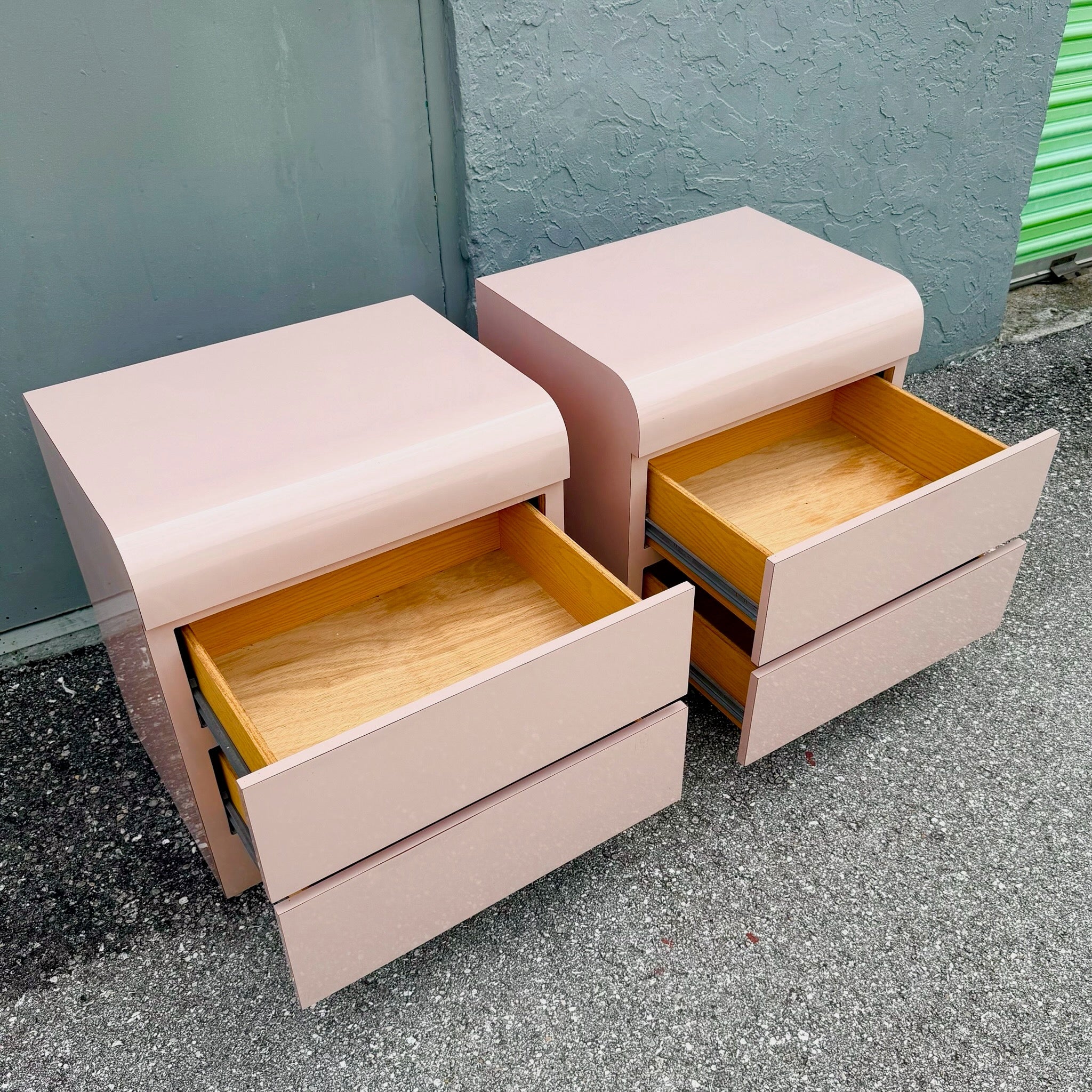 Postmodern Pink Golds Laminate Waterfall Nightstands - A Pair Dolphin & Flamingo