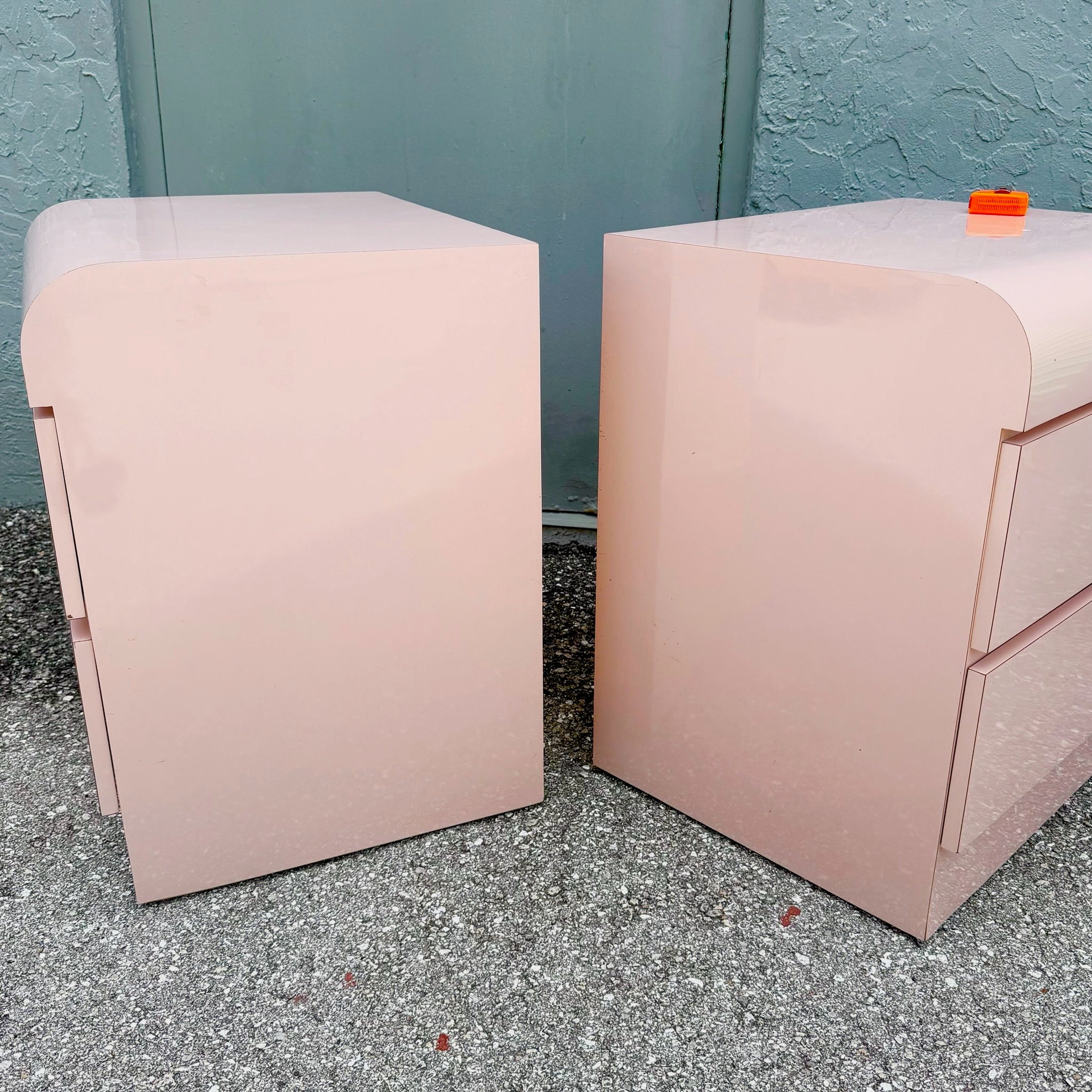 Postmodern Pink Golds Laminate Waterfall Nightstands - A Pair Dolphin & Flamingo